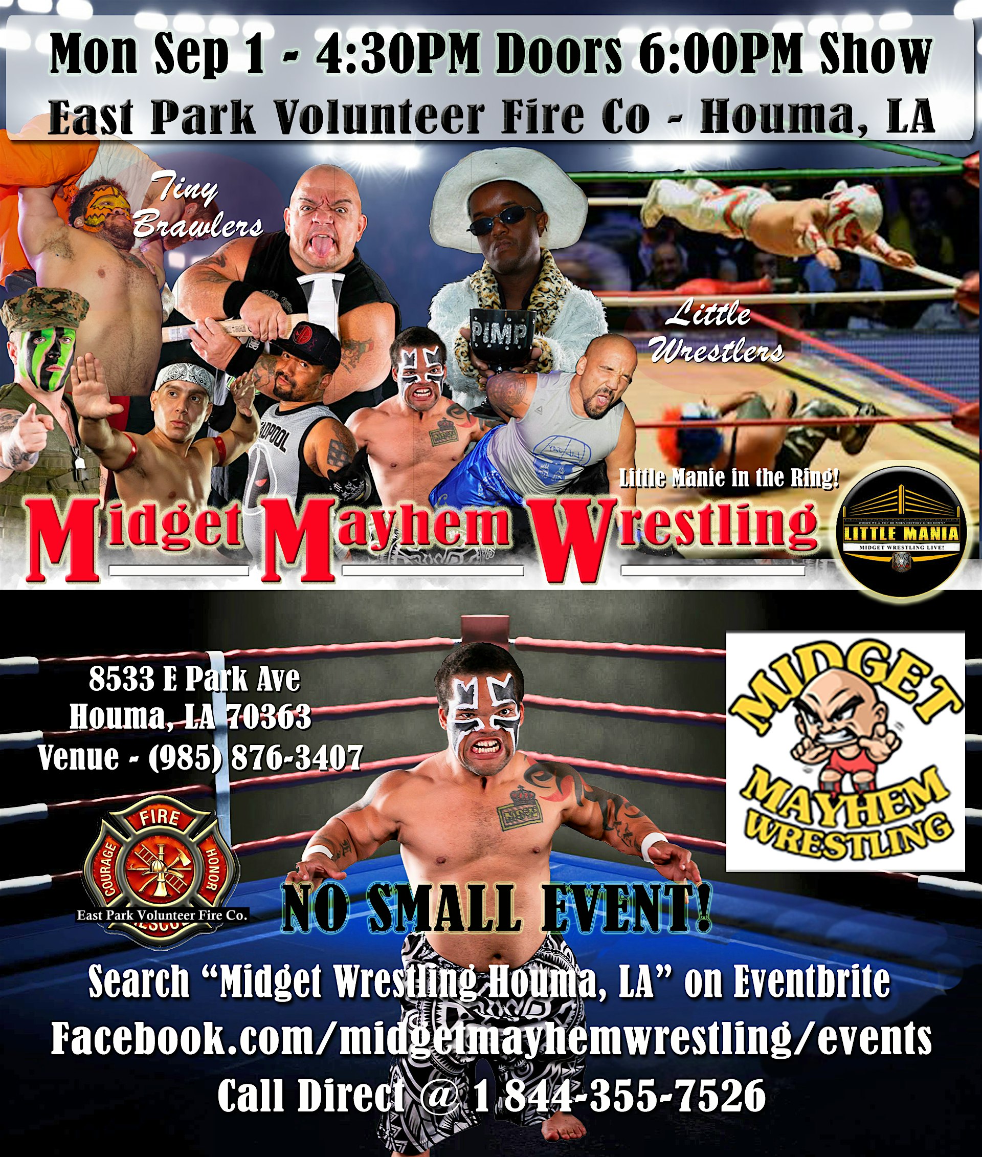 Midget Mayhem Wrestling Rips Through the Ring! Houma LA (All-Ages) at East Park Volunteer Fire Co – Houma, LA