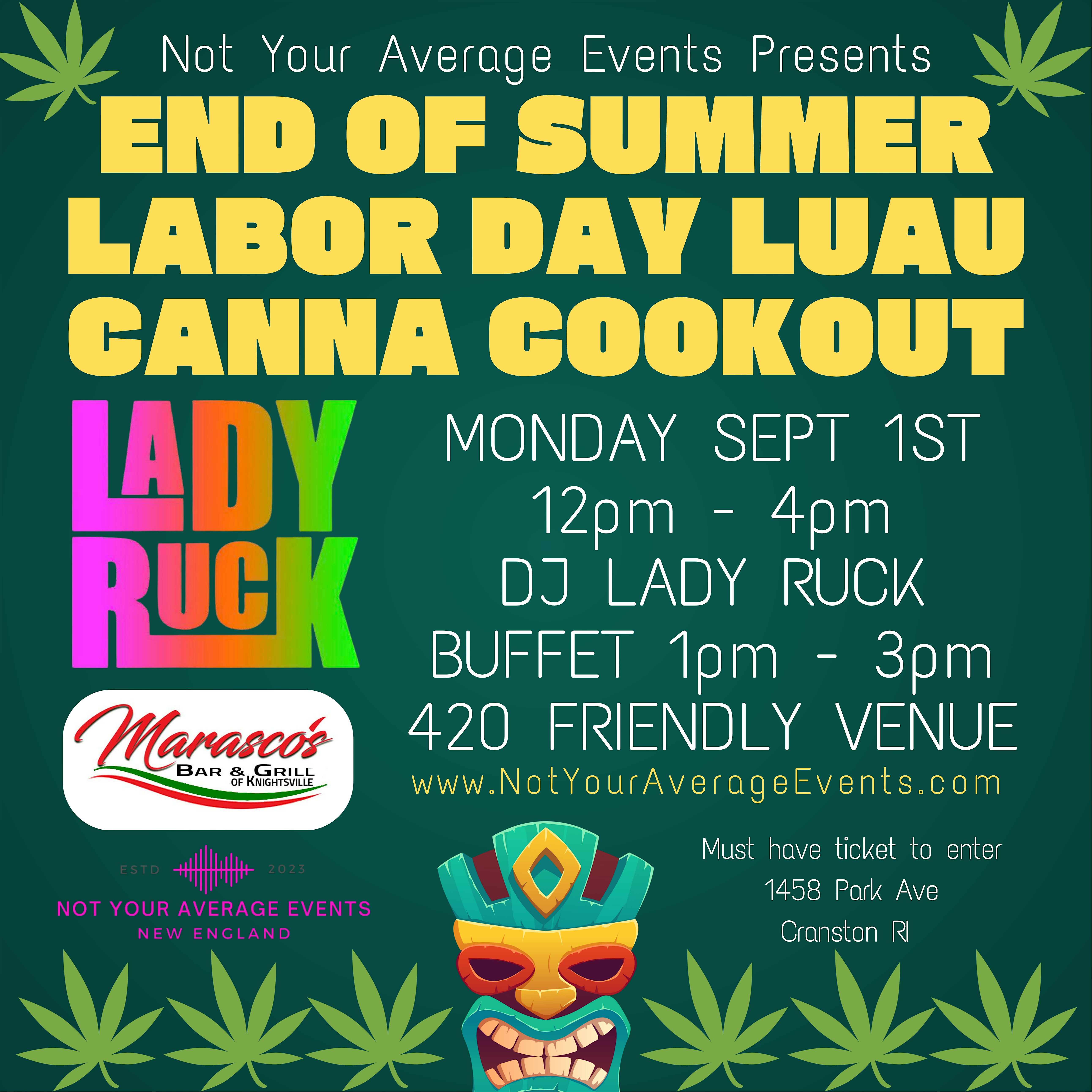 Labor Day Luau & Canna Cookout in Cranston RI w/ DJ Lady Ruck at Marasco’s Bar & Griill – Cranston, RI