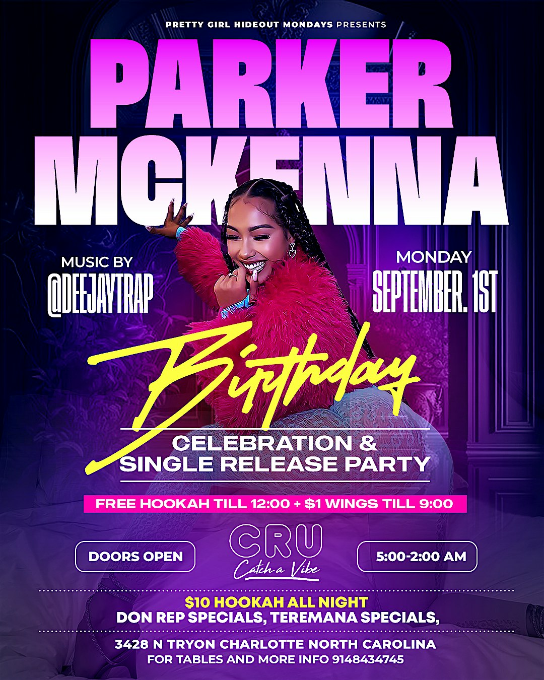 Parker Mckennaaa invades cru Labor Day! $1 wings $free hookah till 12! at CRU – Charlotte, NC