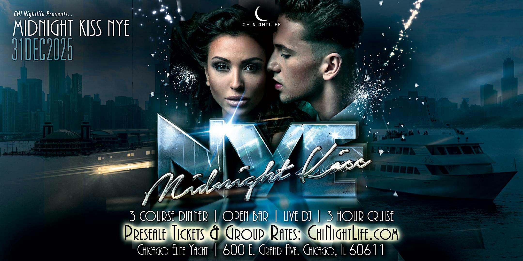 2026 Chicago New Years Eve Fireworks Cruise – The Midnight Kiss at Chicago Elite Yacht – Chicago, IL