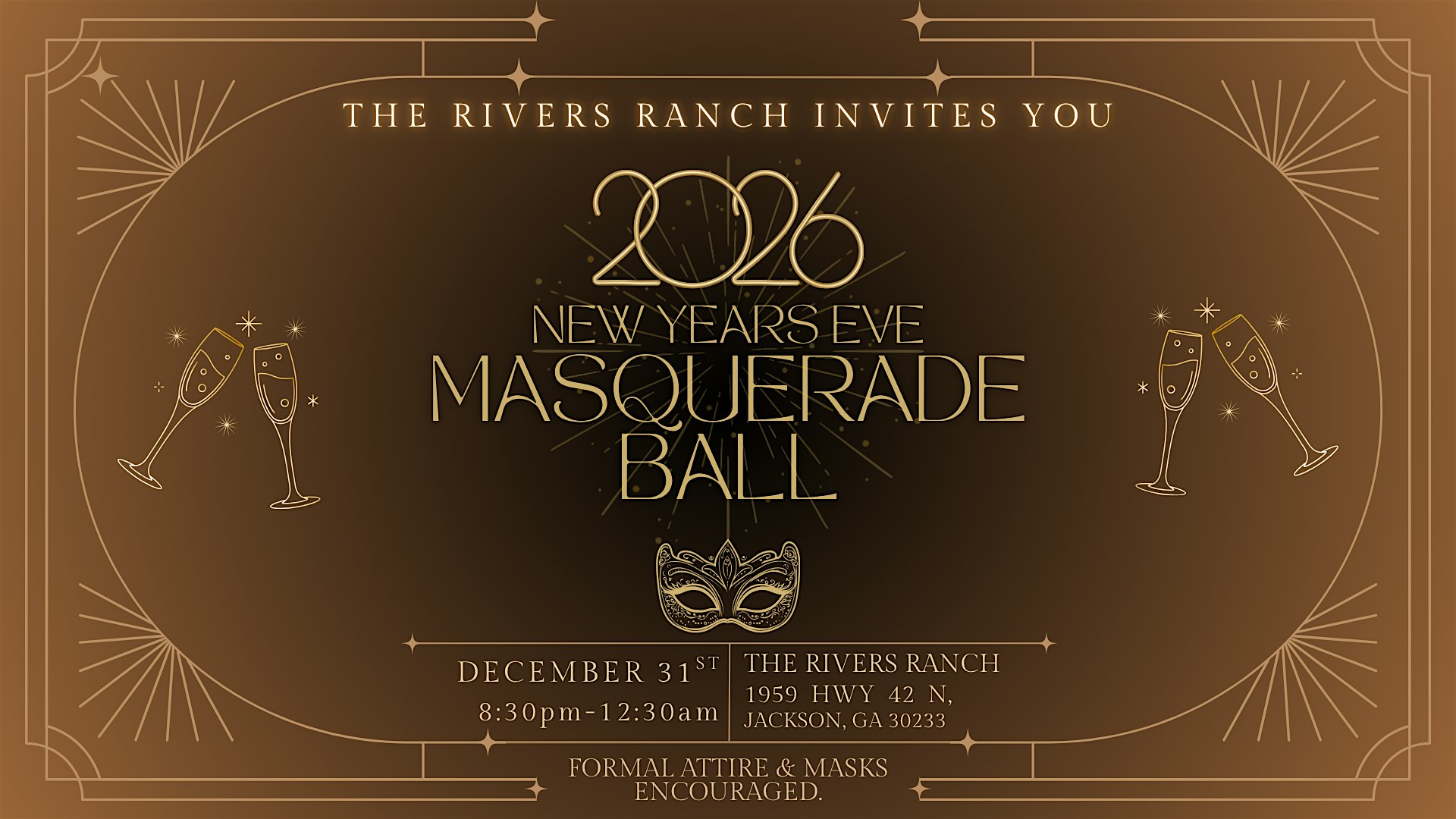 2026 New Years Eve Masquerade Ball at The Rivers Ranch at The Rivers Ranch, Inc – Jackson, GA