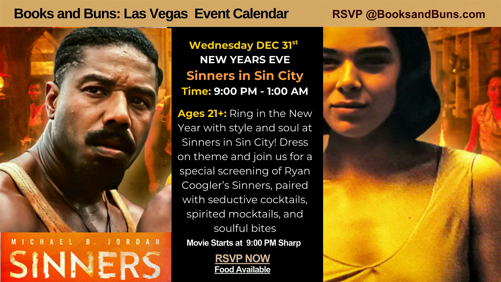 NYE “Sinners” in Sin City: Movie Screening – A Great Time at Books and Buns at 4051 W Viking Rd unit 25 – Las Vegas, NV