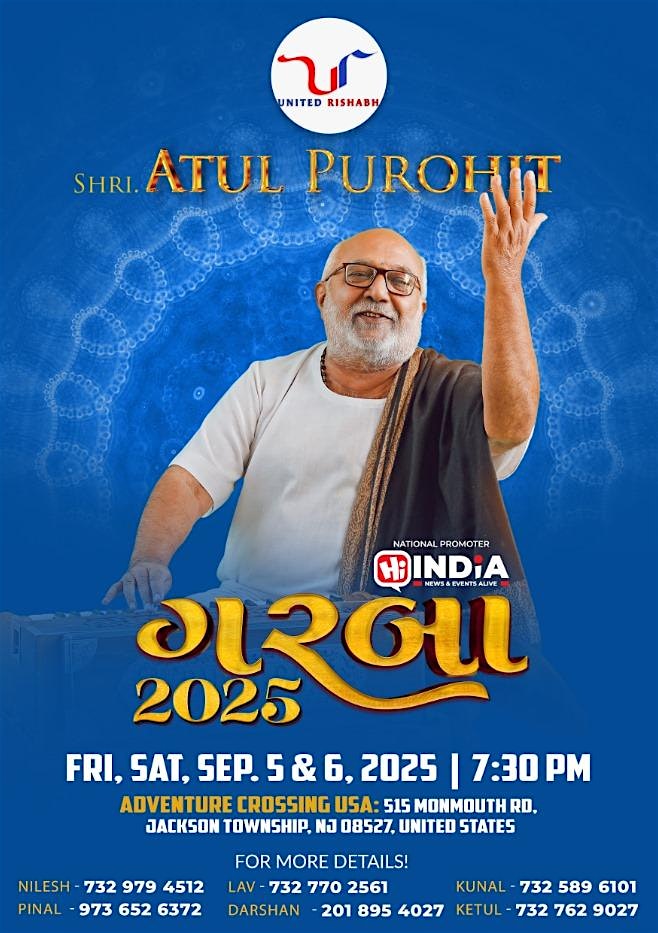 Atul Purohit Garba In New Jersey 2025 | Sept 6, Saturday at Adventure Crossing USA – Jackson Township, NJ