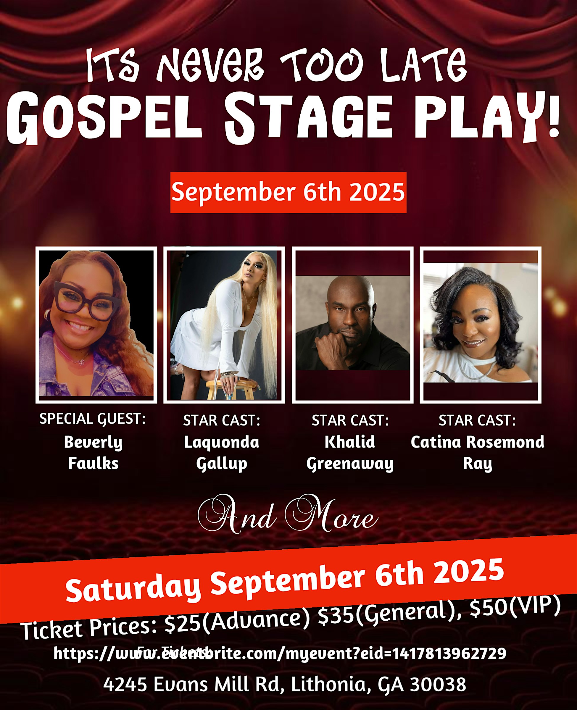 It’s Never Too Late Gospel Stage Play at 4542 Evans Mill Rd – Stonecrest, GA