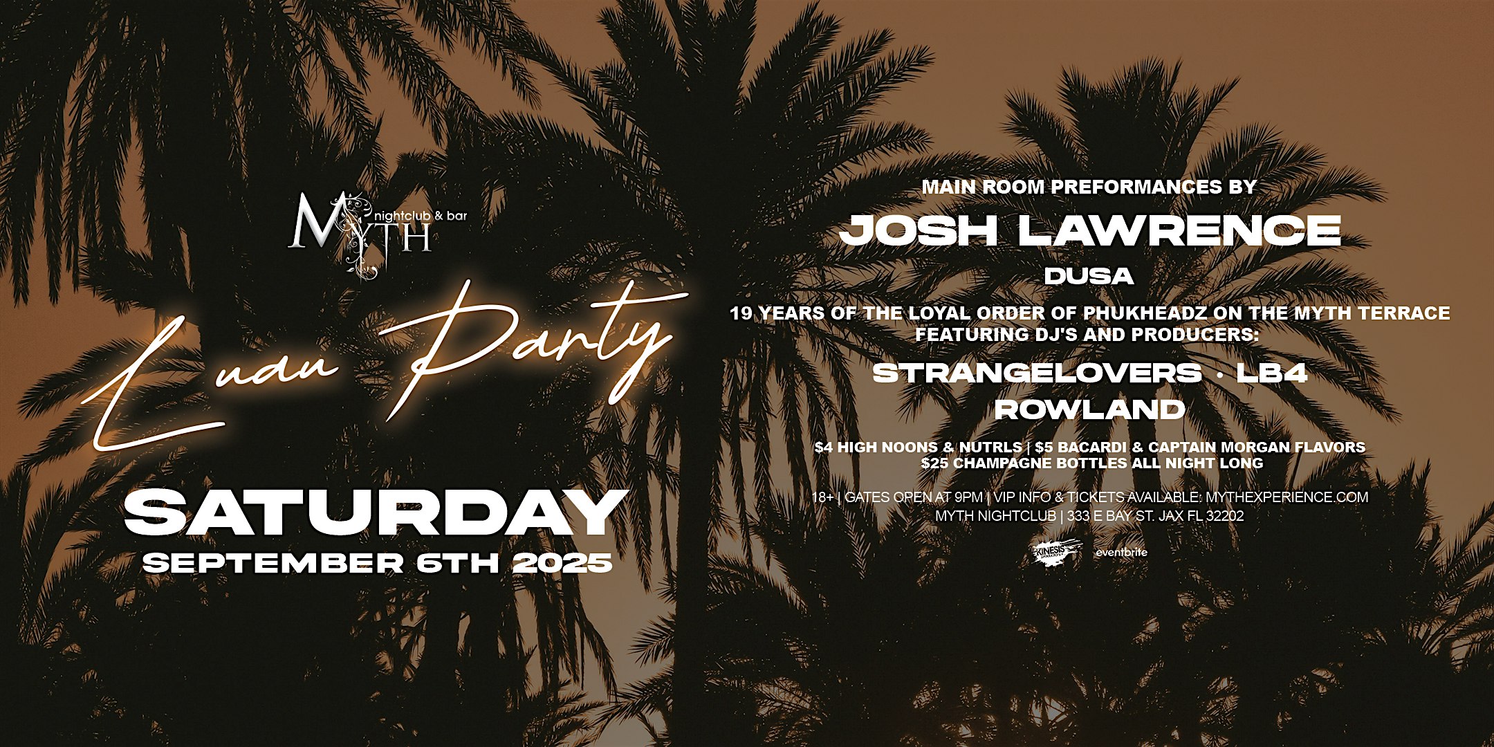 Luau Party at Myth Nightclub feat. JOSH LAWRENCE | Saturday 9.6.25 at Myth Nightclub | Element Bistro & Craft Bar – Jacksonville, FL