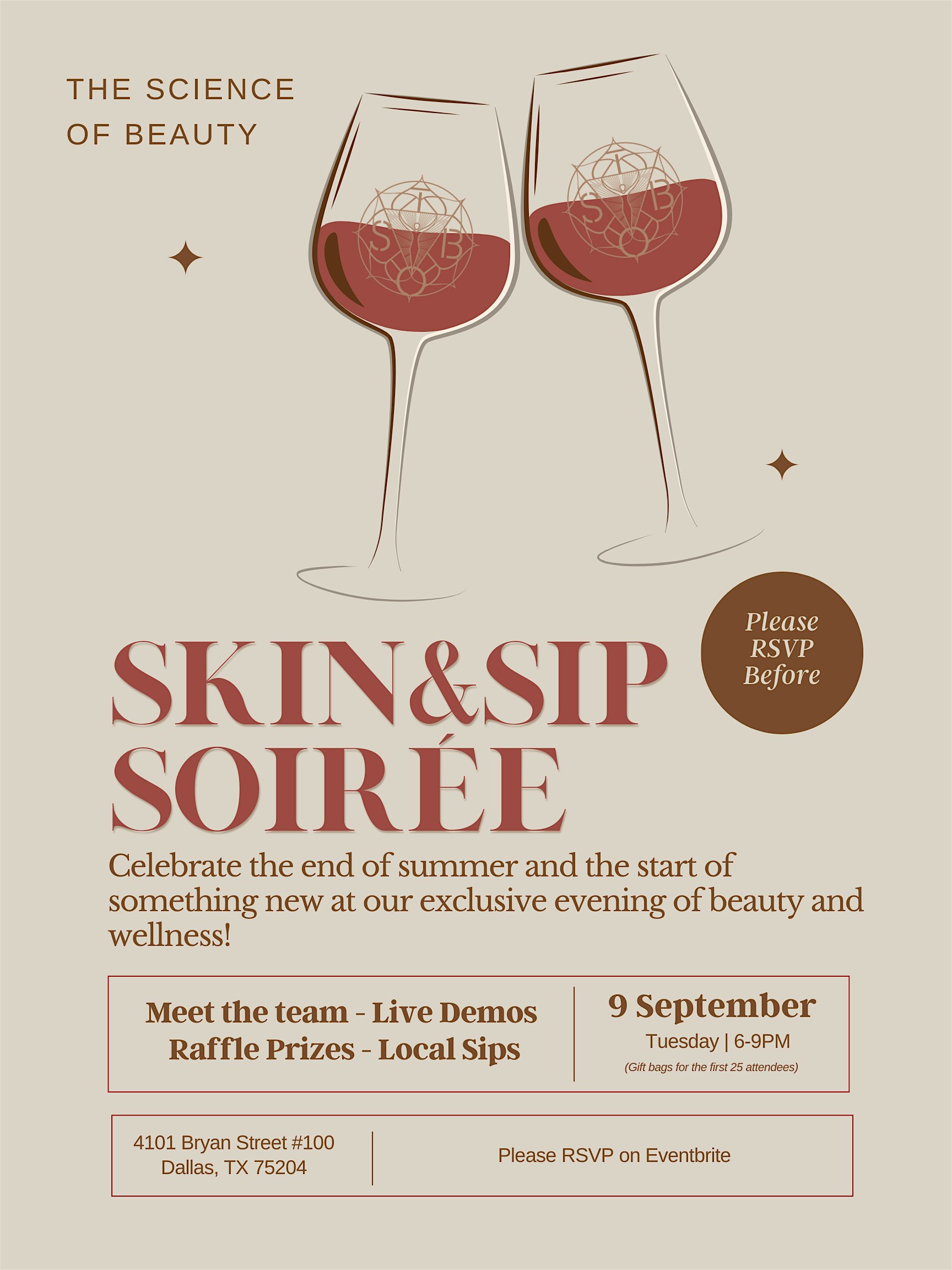 The Skin & Sip Soirée at The Science of Beauty at 4101 Bryan St – Dallas, TX