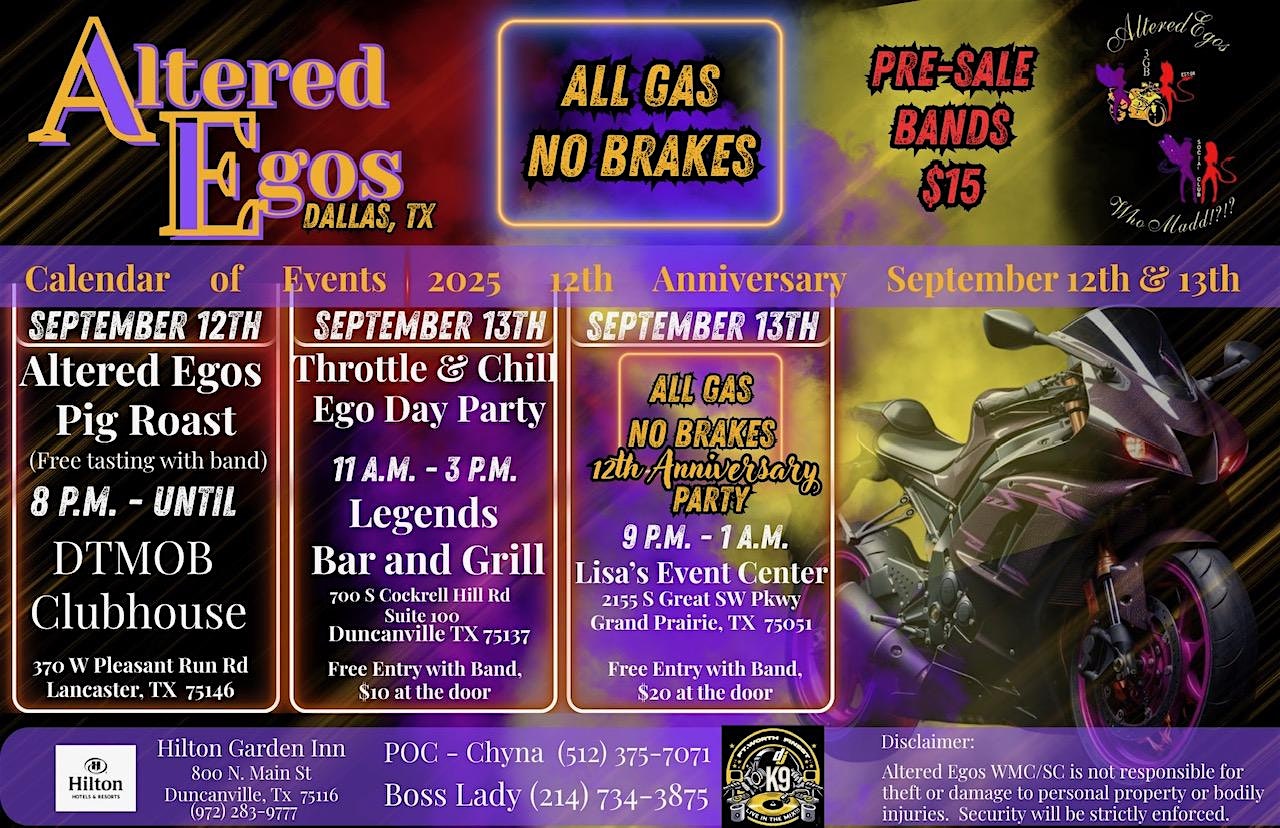 ALTERED EGOS DFW “ALL GAS, NO BRAKES” 12TH ANNIVERSARY!!! at LISA’S EVENT CENTER – Grand Prairie, TX