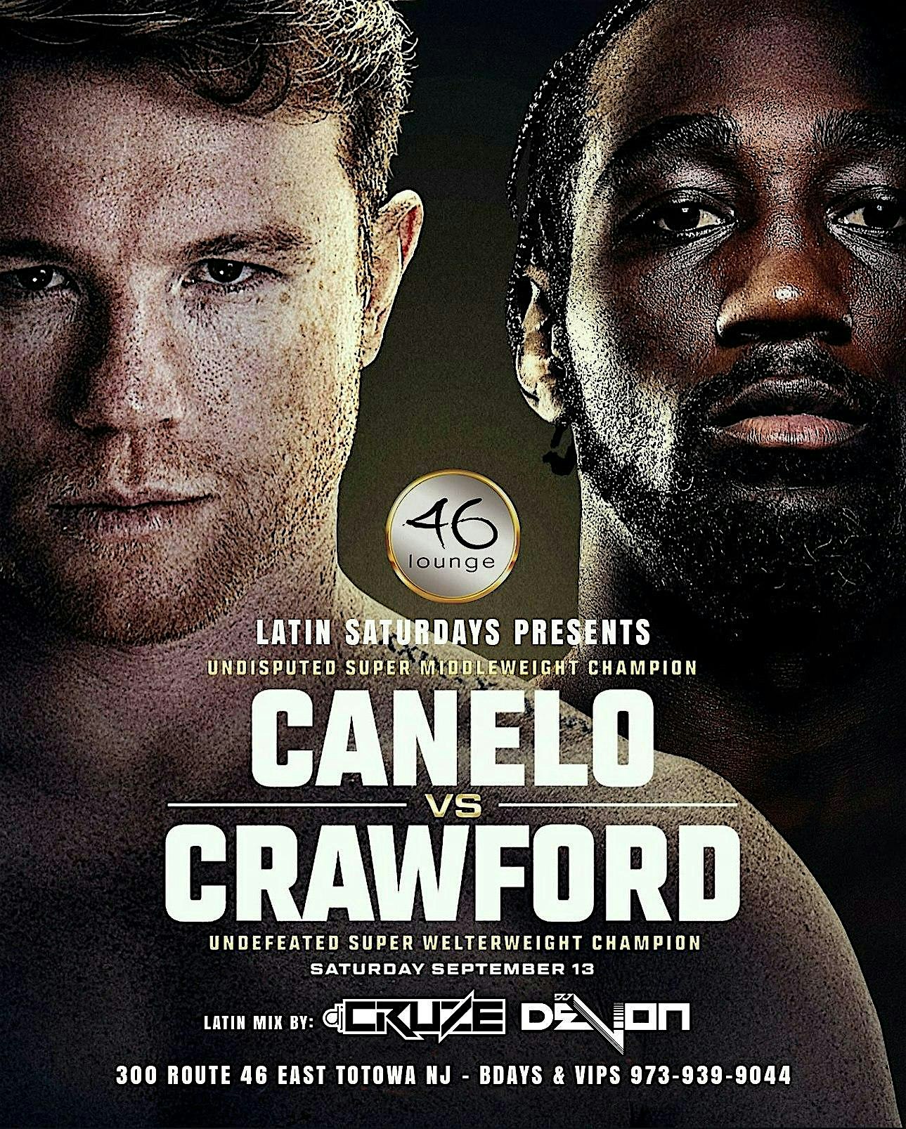 Canelo vs Crawford Viewing Party at 46 Lounge Saturdays at 46 Lounge – Totowa, NJ