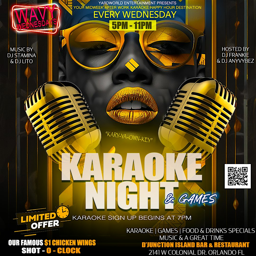 Wavy Wednesday (After work Happy Hour w/Games, DJ & Karaoke) @ DJunction at D’Junction Island Bar & Restaurant – Orlando, FL