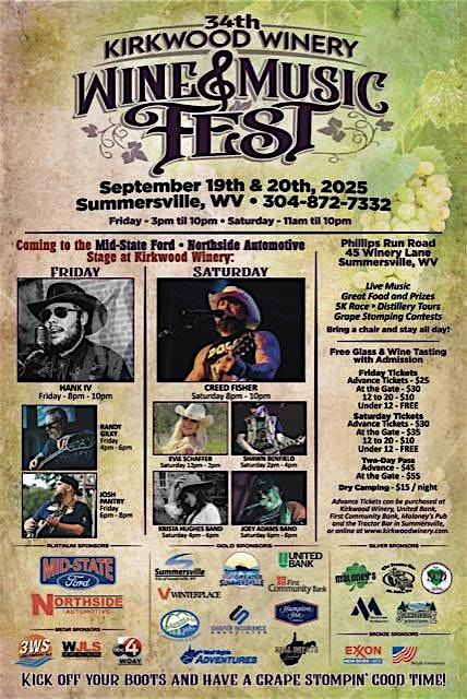 34th ANNUAL KIRKWOOD WINERY WINE & MUSIC FEST at Kirkwood Winery & Isaiah Morgan Distillery – Summersville, WV