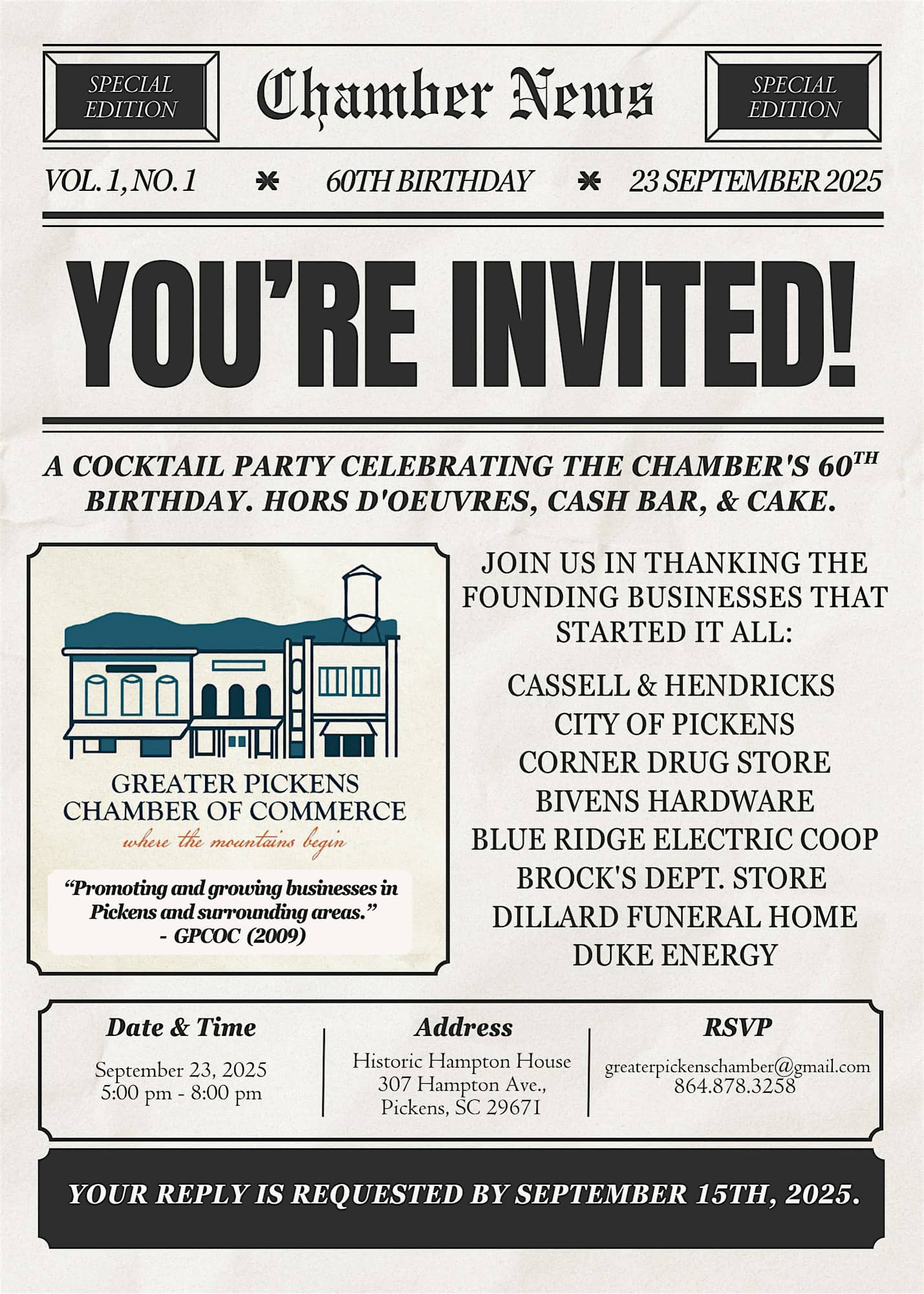 Greater Pickens Chamber 60th Birthday Bash at Historic Hampton House – Pickens, SC