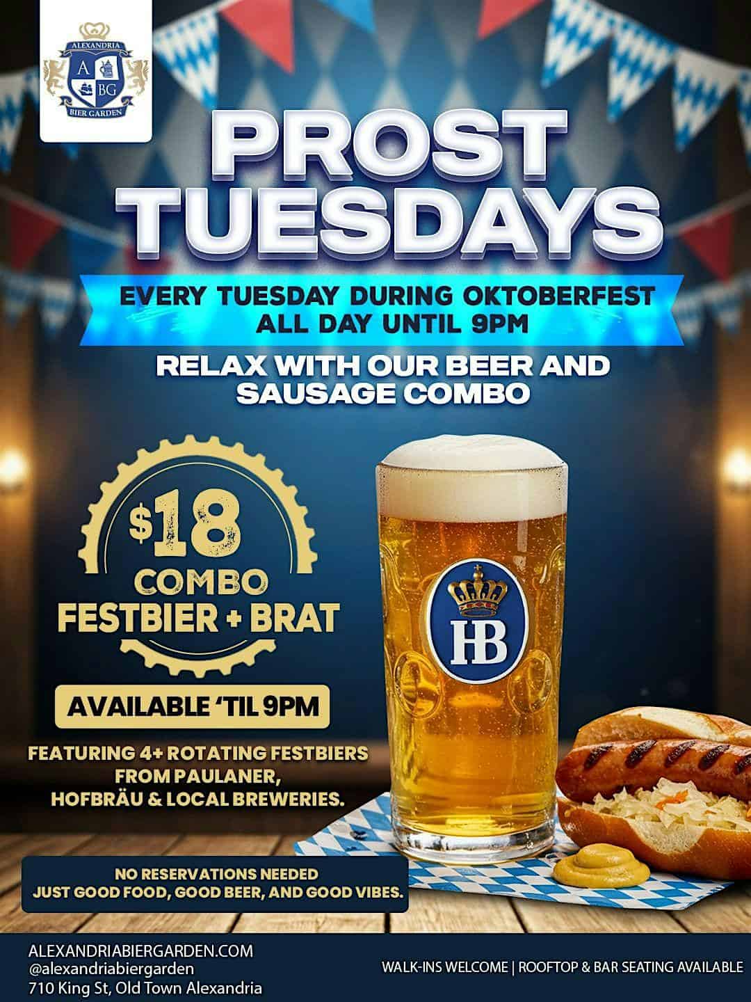 Prost Tuesdays at ABG – Festbier & Brat Combo in Old Town! at Alexandria Bier Garden, 710 King Street, Alexandria, VA, USA – Alexandria, VA
