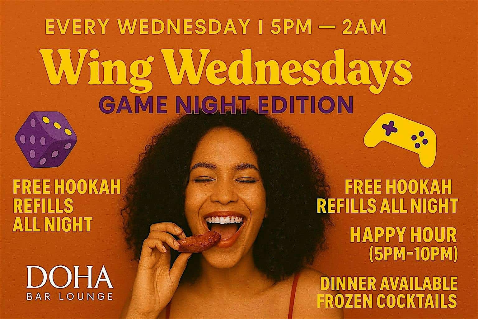 Wing Wednesdays in Long Island City – $1 Wings, Games & Hookah Refills at Doha Bar Lounge – Brunch, Bar & Restaurant – Queens, NY