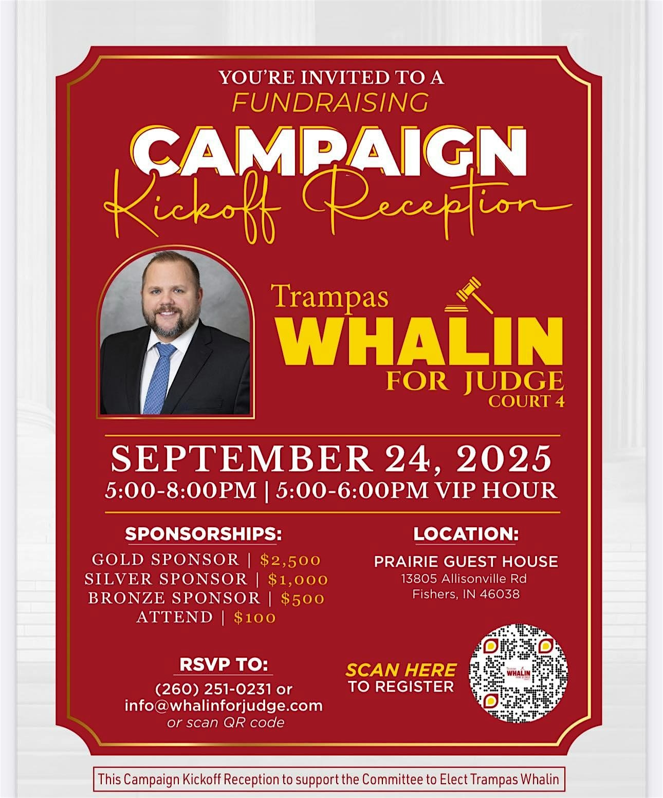 Trampas Whalin for Judge: Campaign Kickoff Reception at Prairie Guest House – Fishers, IN
