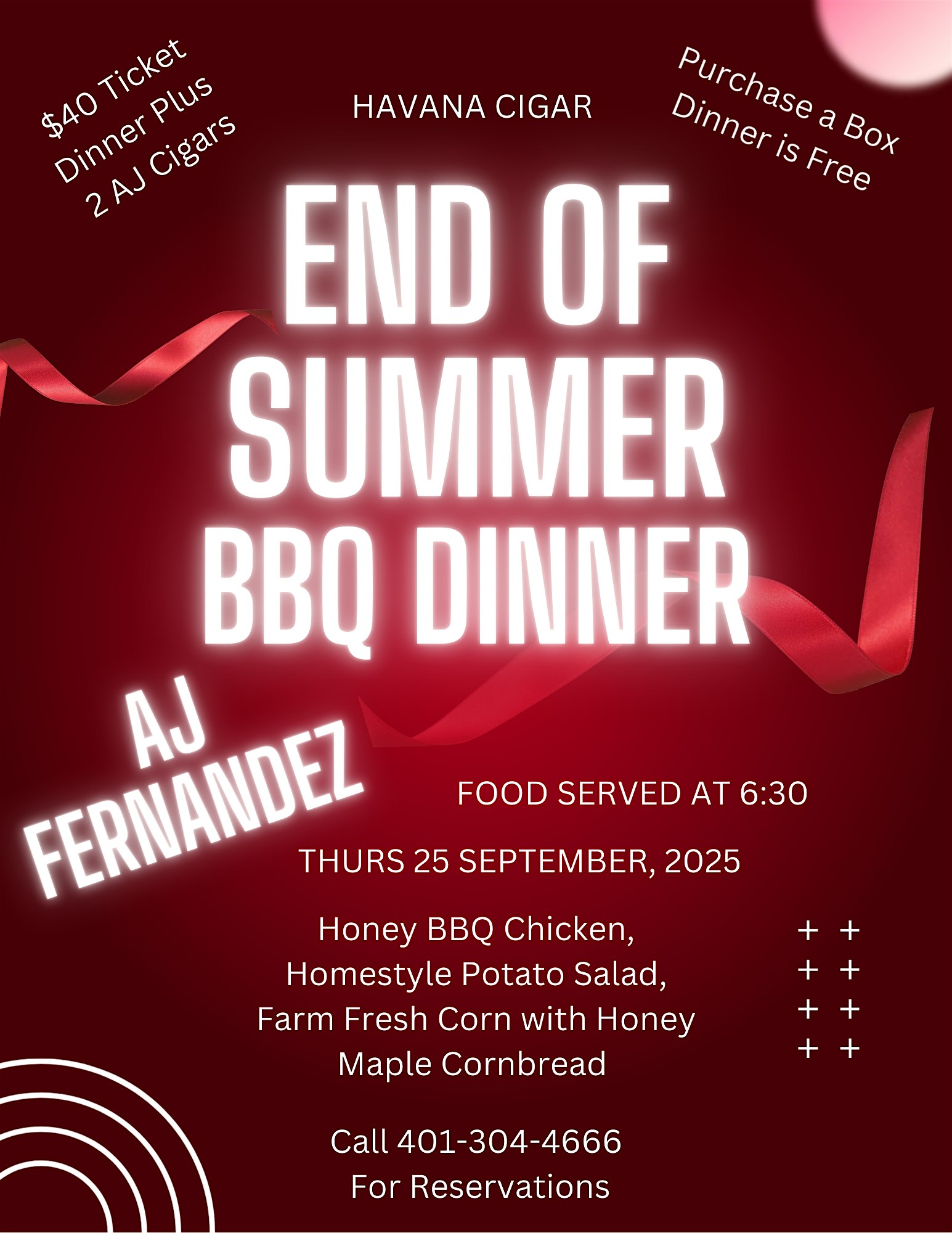 End of Summer BBQ Dinner w/ AJ Fernandez at Havana Cigar – Warwick, RI
