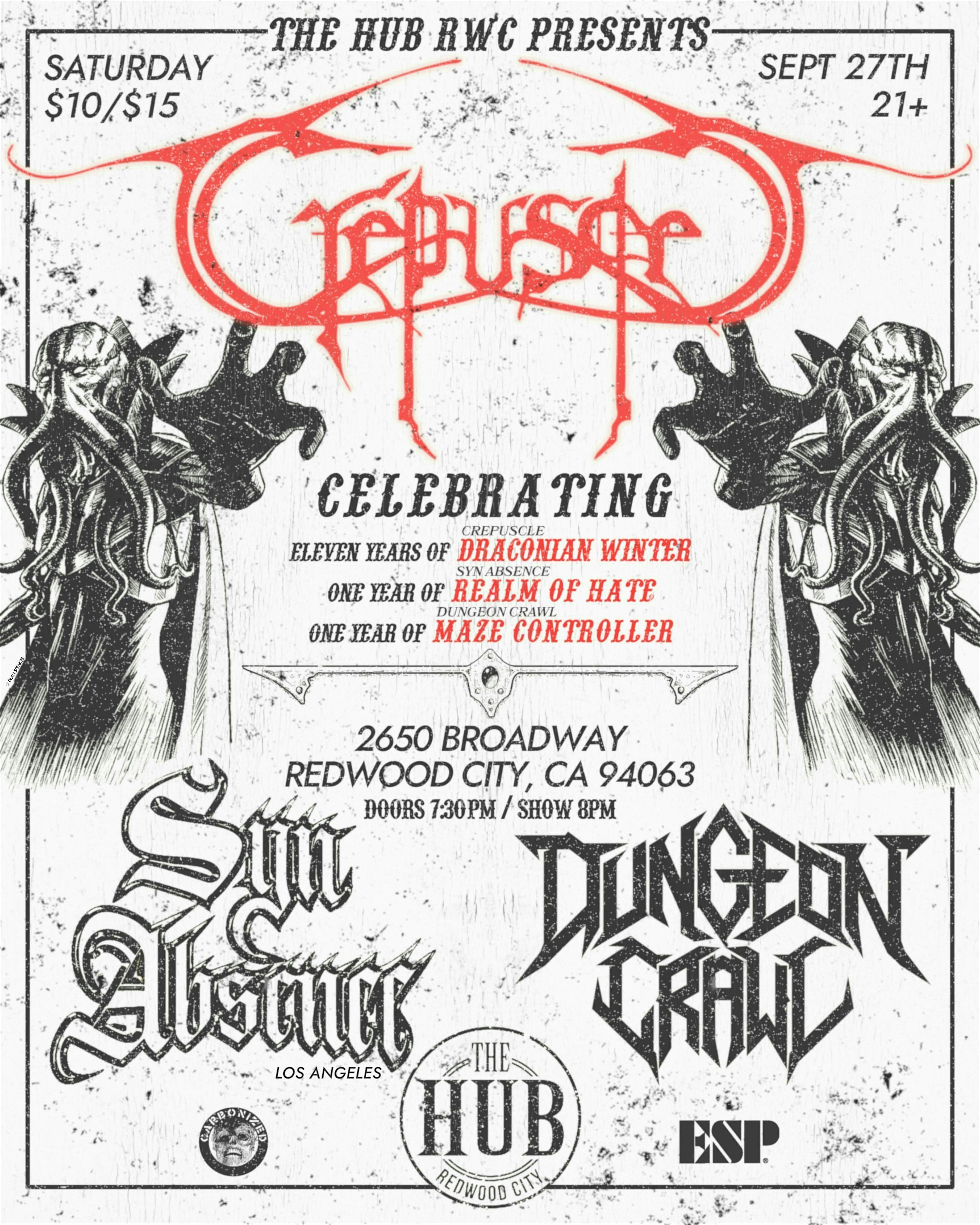 9/27 The Hub RWC presents: Crepuscle, Syn Absence, and Dungeon Crawl at The Hub RWC – Redwood City, CA