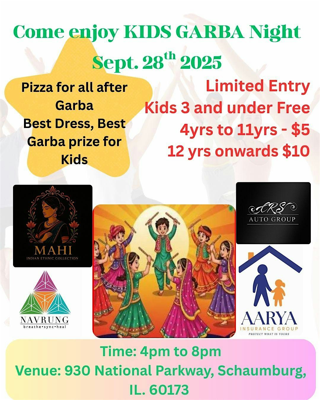 Kids Garba Night – Sept. 28th 2025 4 pm to 8 pm at National India Hub – Schaumburg, IL