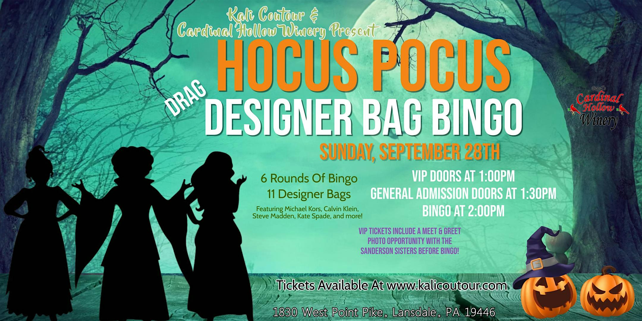 Hocus Pocus Drag Designer Bag Bingo at Boyd’s Cardinal Hollow Winery – West Point, PA