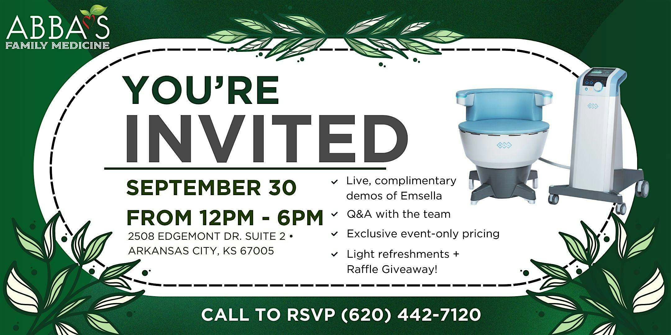 Abba’s Family Medicine Presents: Emsella Launch Event at 2508 Edgemont Dr suite 2 – Arkansas City, KS