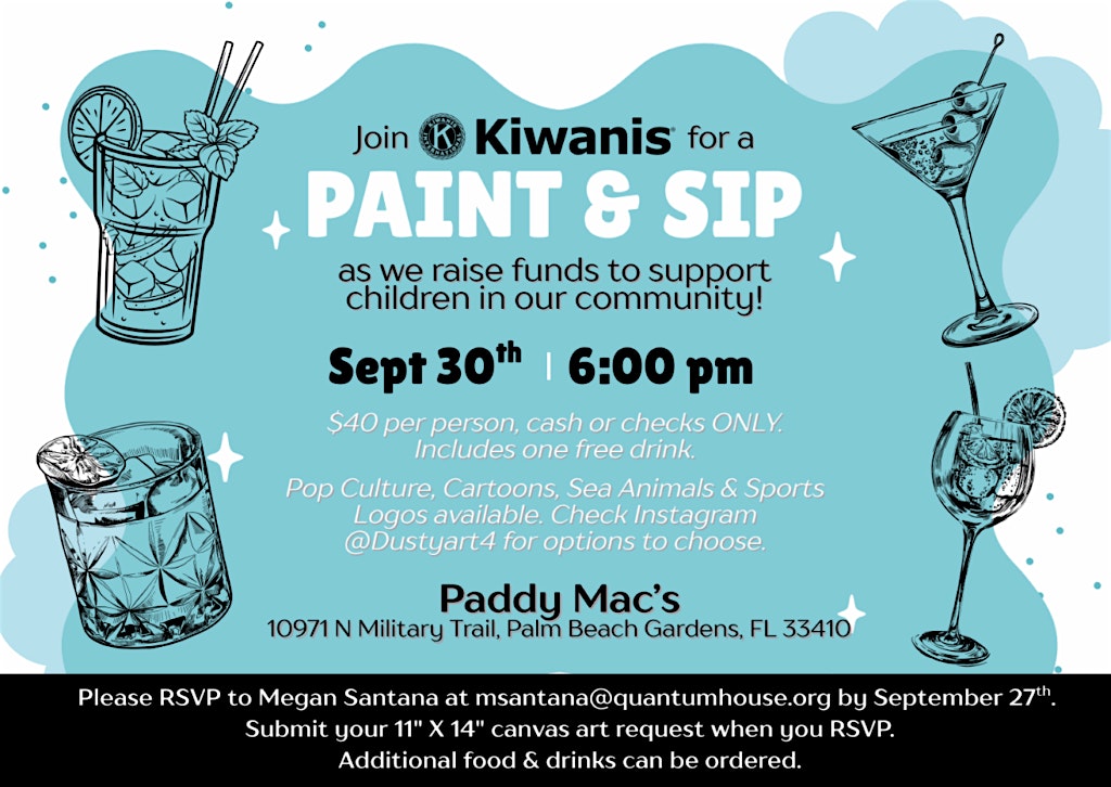 Paint & Sip – Benefiting the Foundation and scholarship fund (501c3 entity) at Paddy Mac’s Restaurant – Palm Beach Gardens, FL