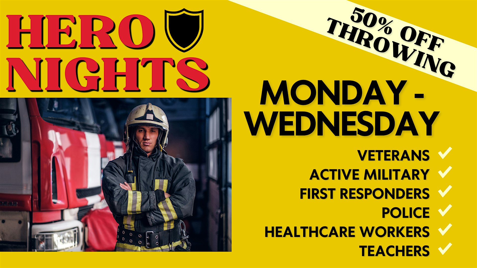 HERO NIGHTS SPECIA – 50% off Throwing, Monday to Wednesday! at Blue Ox Axe Throwing – Hillsboro – Hillsboro, OR