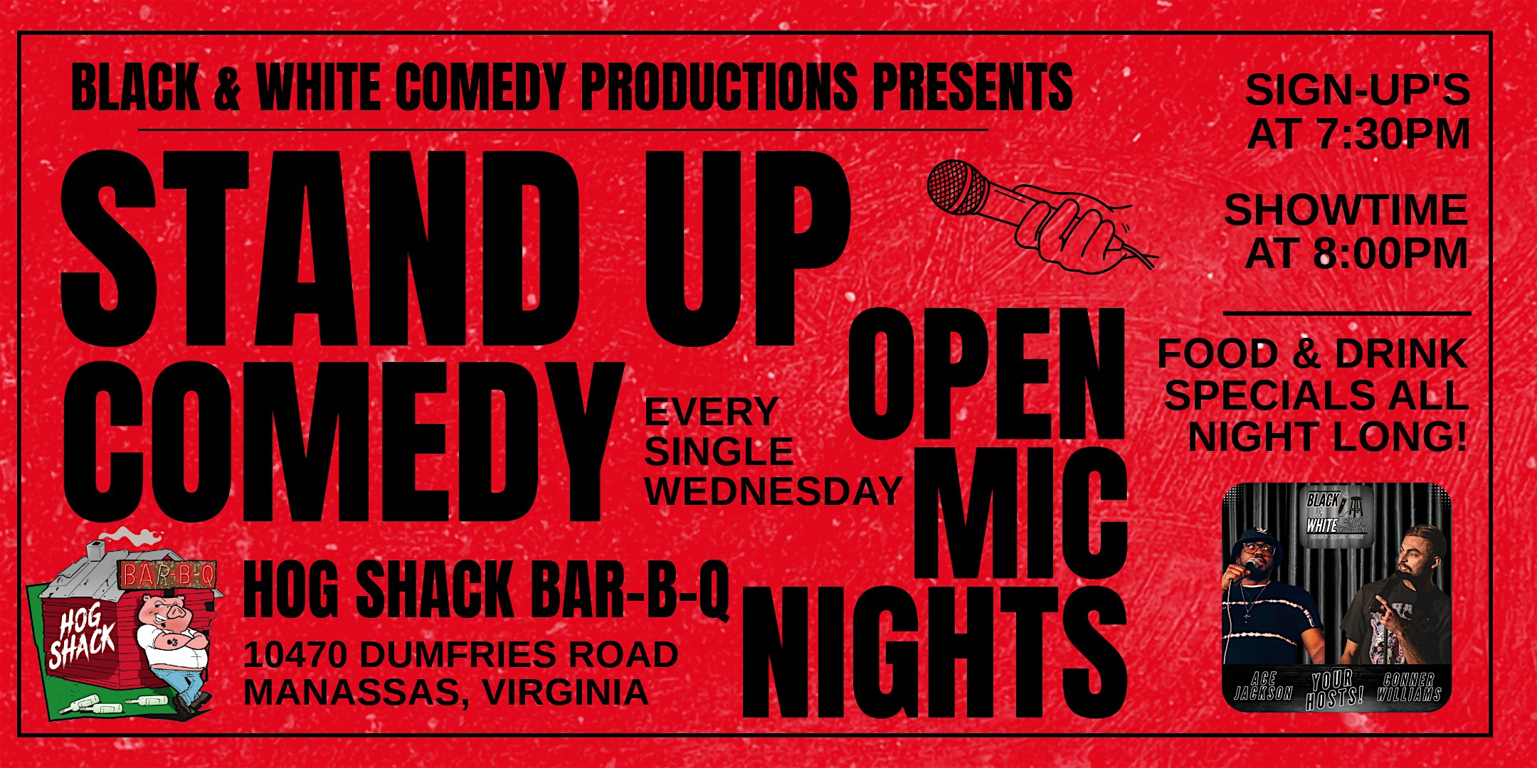 Weekly Wednesday Standup Comedy Open Mic Nights! At Hog Shack Bar-B-Q! at Hog Shack Bar-B-Q – Manassas, VA