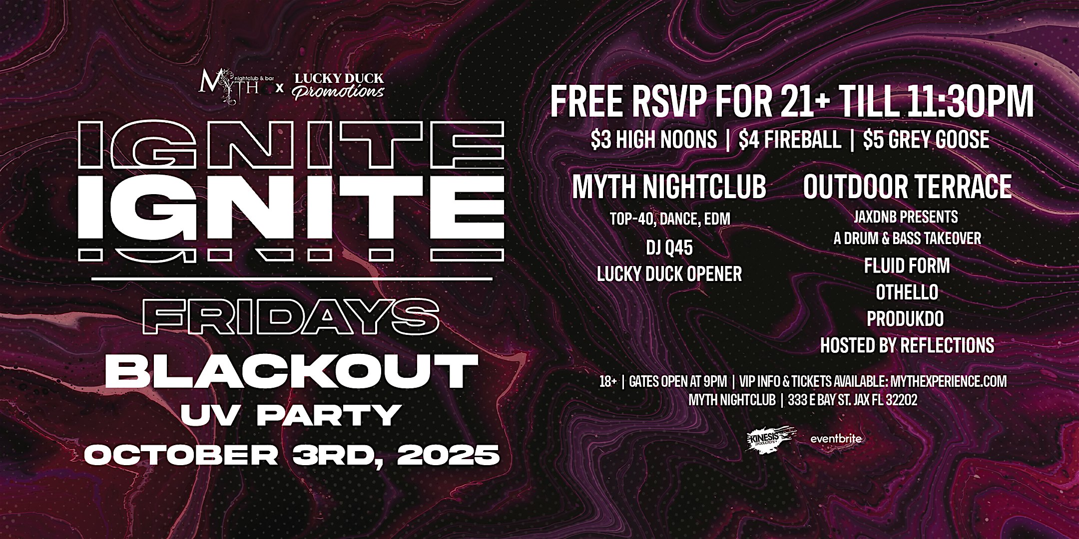 Myth Nightclub Presents: Ignite Fridays – BLACKOUT UV PARTY | 10.3.25 at Myth Nightclub | Element Bistro & Craft Bar – Jacksonville, FL