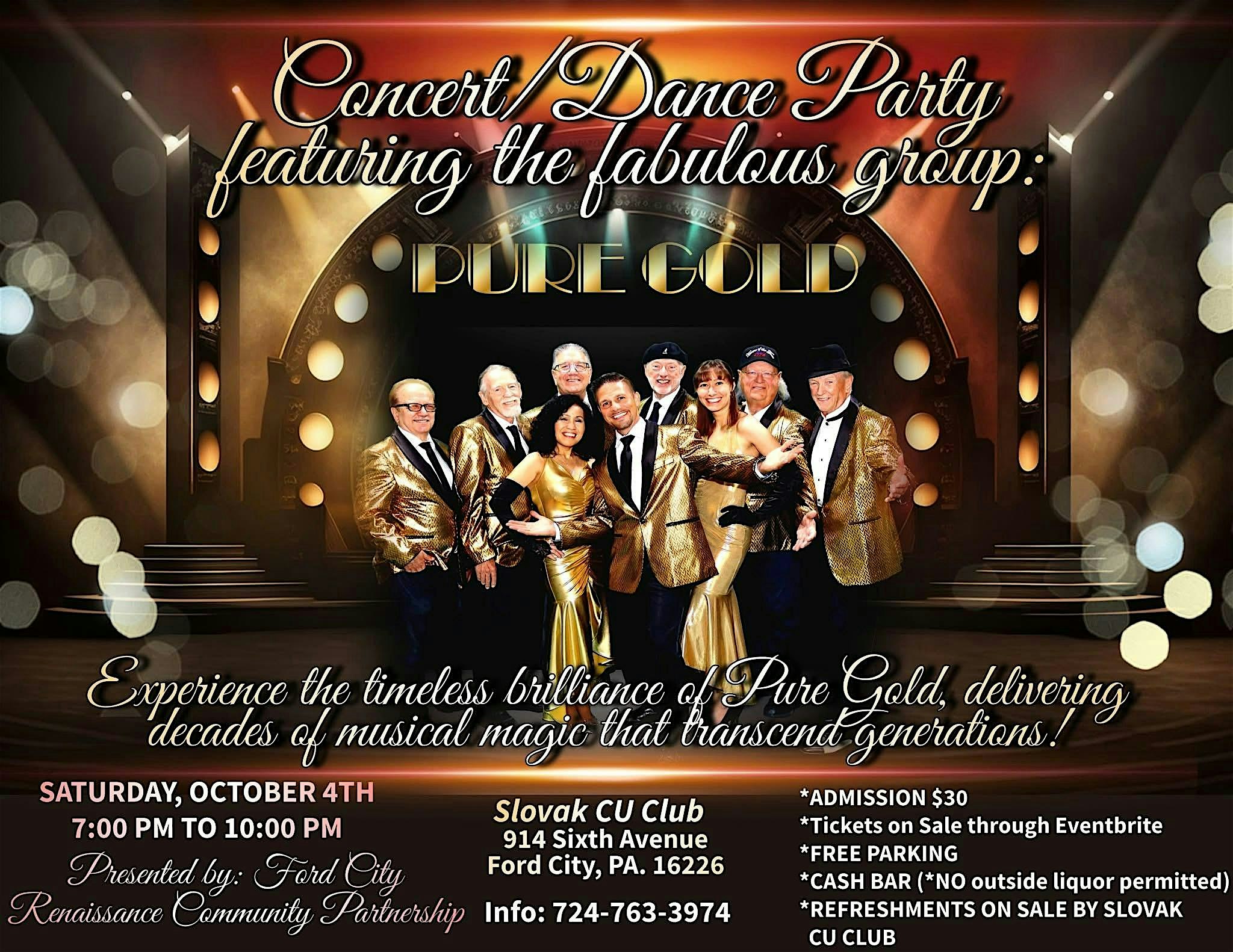 Live Concert/Dance Party Down Memory Lane with “PURE GOLD” at Slovak CU Club – Ford City, PA