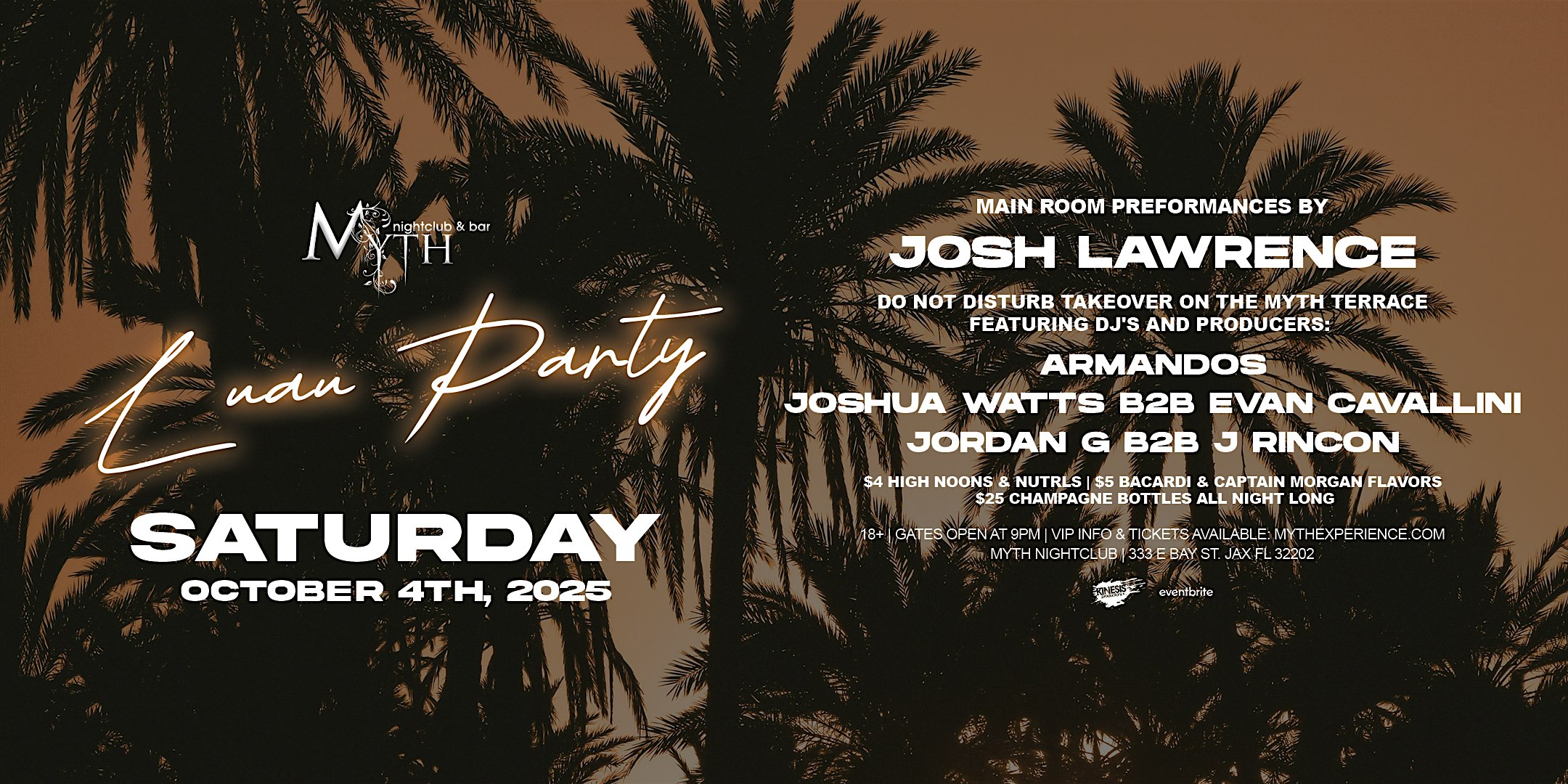 Luau Party at Myth Nightclub feat. JOSH LAWRENCE | Saturday 10.4.25 at Myth Nightclub | Element Bistro & Craft Bar – Jacksonville, FL
