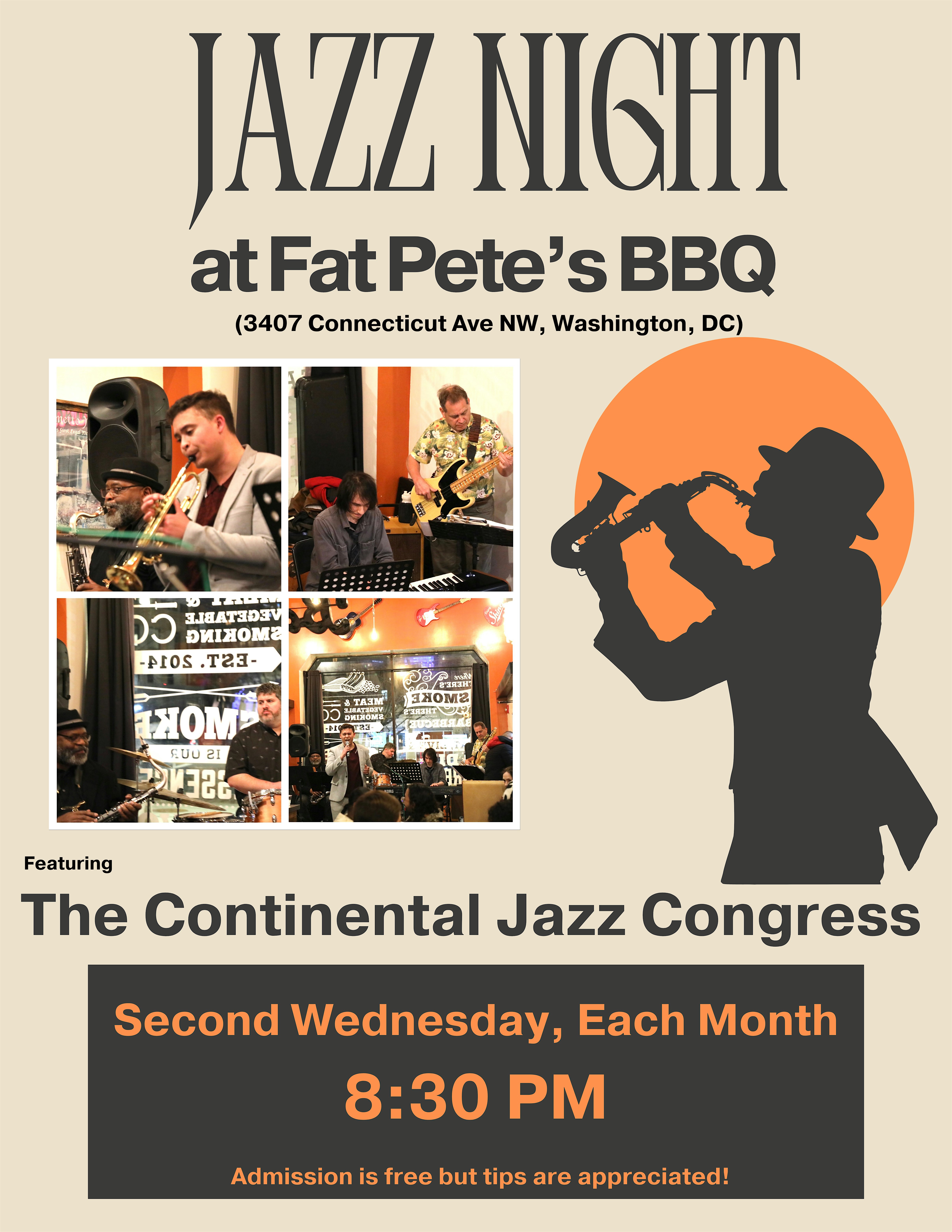 Jazz Night w/ The Continental Jazz Congress, at Fat Pete’s BBQ at 3407 Connecticut Ave NW – Washington, DC