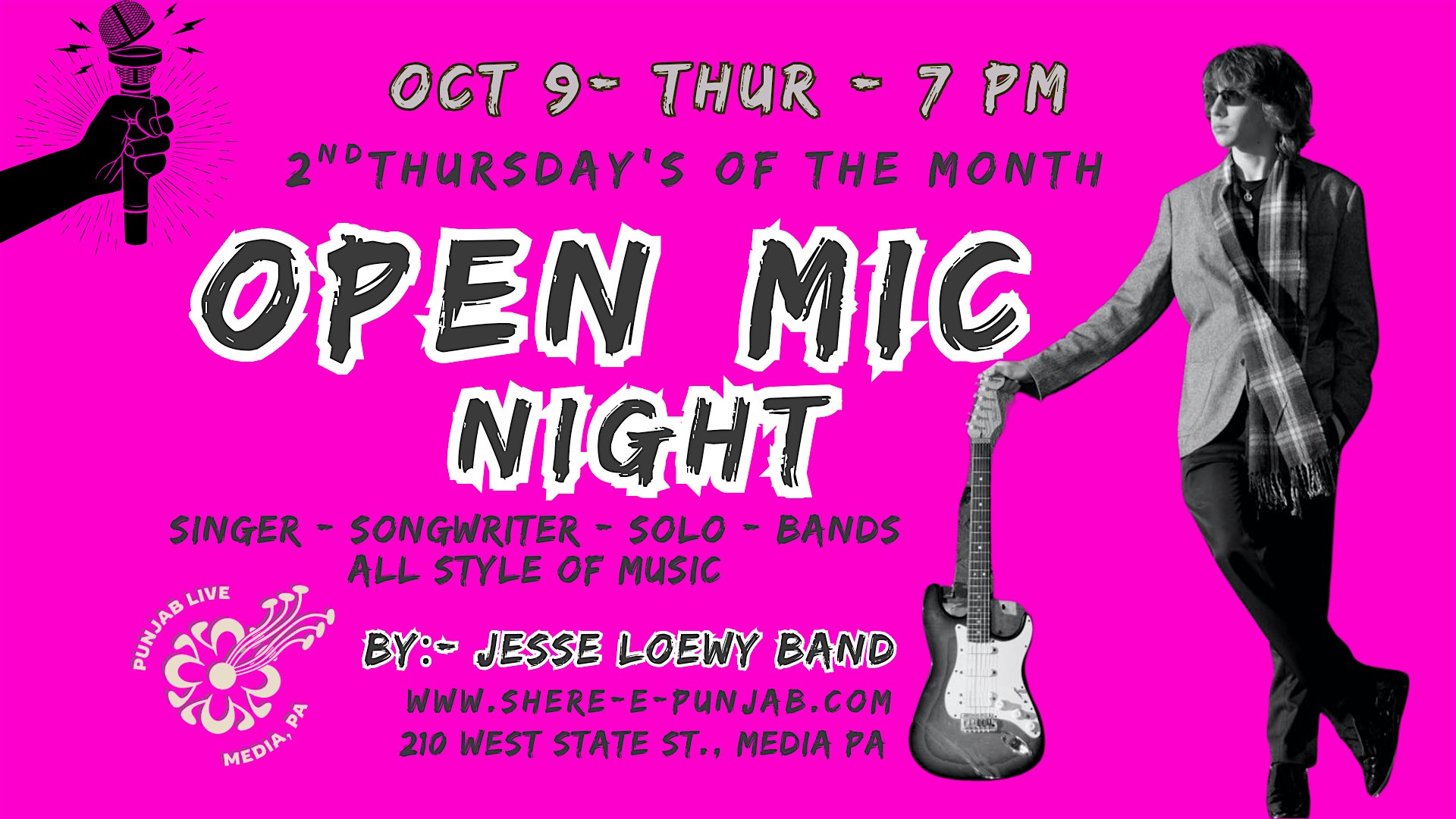 Open Mic / Jam Session w/ Jesse Loewy Band at Shere-E-Punjab Indian Restaurant – Media, PA