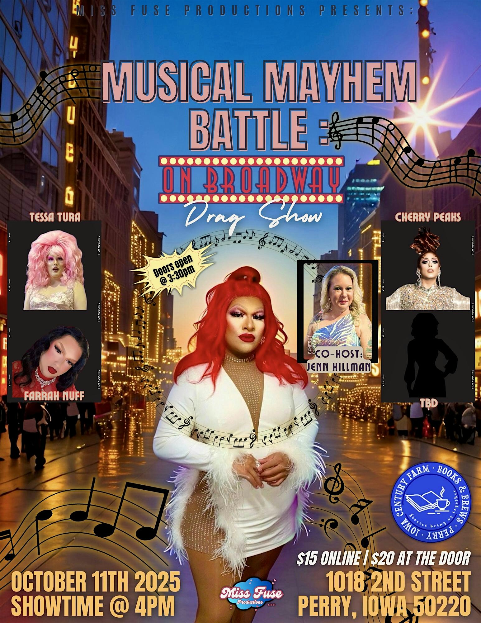 Musical Mayhem Battle: On Broadway | Drag Show in Perry, IA at Century Farm Books & Brews – Perry, IA