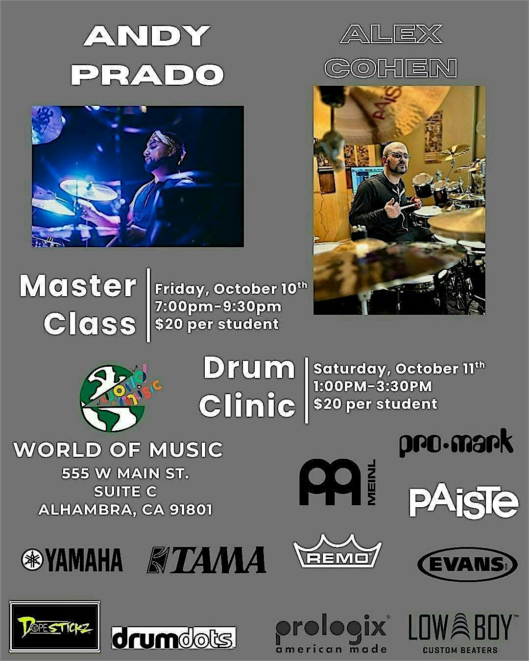 Drum Set Clinic & Performance with Andy Prado and Alex Cohen at World of Music – Alhambra, CA