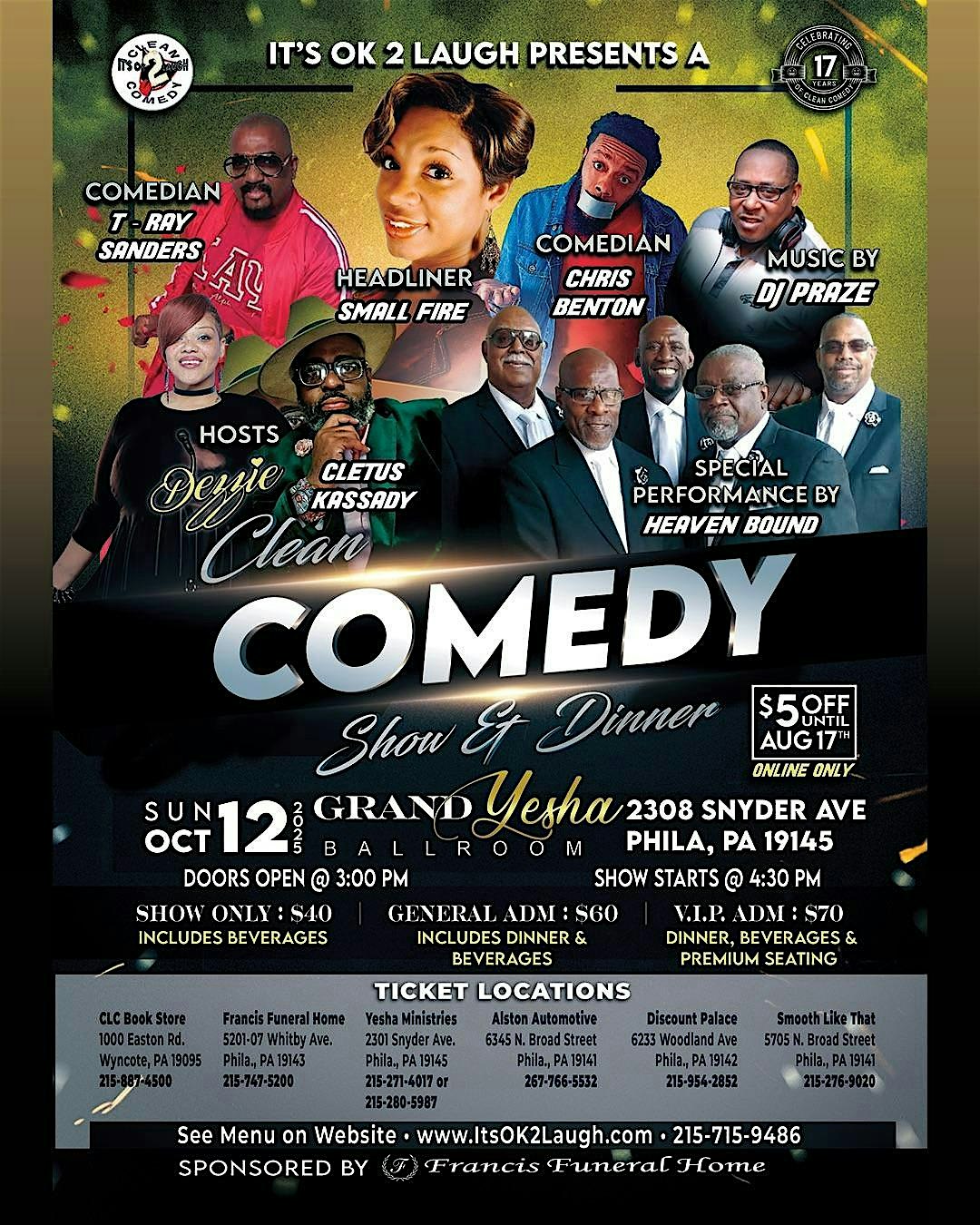 IT’S OK 2 LAUGH PRESENTS A DINNER & CLEAN COMEDY SHOW at The Grand Yesha Ballroom – Philadelphia, PA