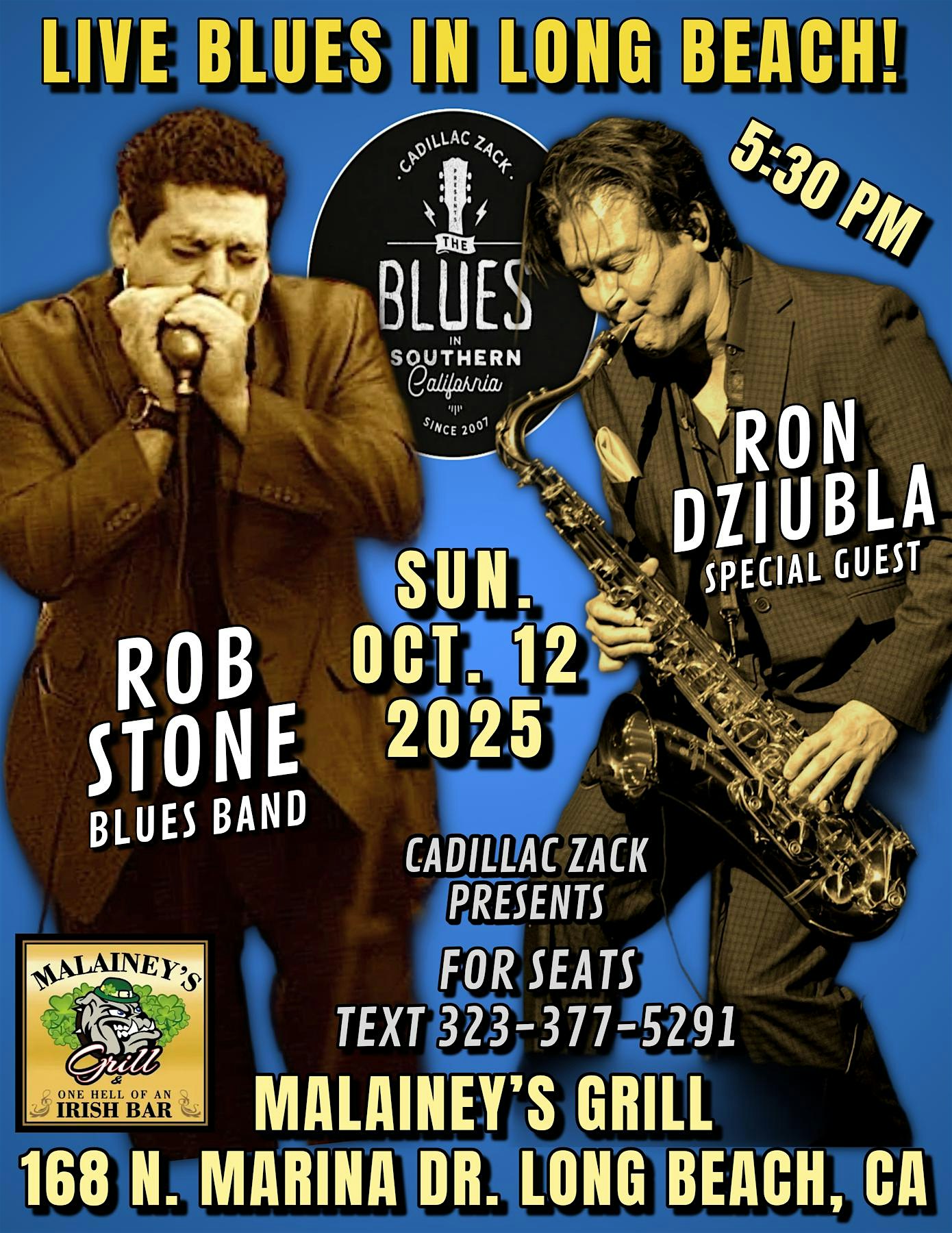 ROB STONE & RON DZIUBLA – Chicago Blues Greats – in LONG BEACH! at Malainey’s Grill & One Hell of an Irish Bar – Long Beach, CA