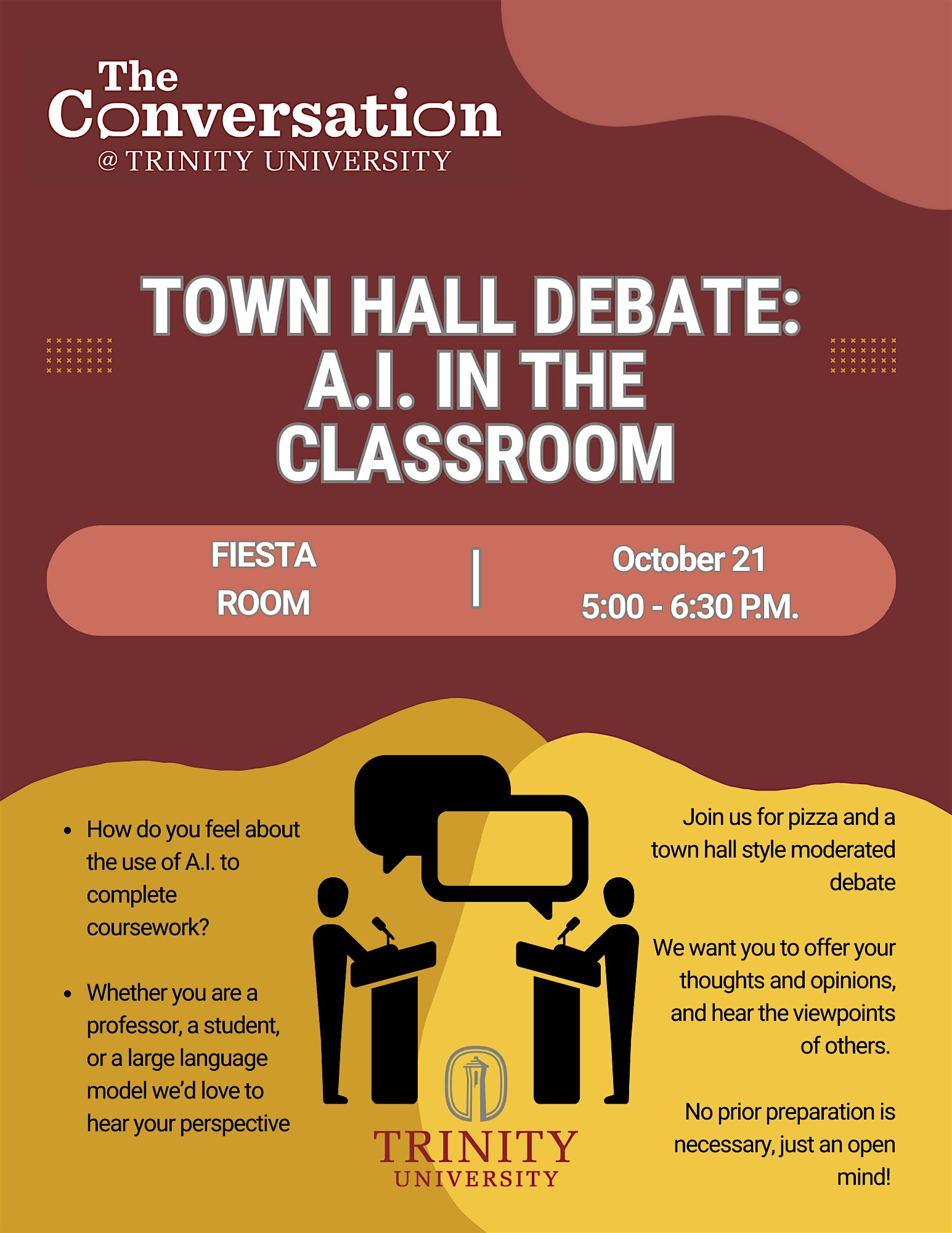 Town Hall Debate on A.I. in the Classroom at Fiesta Room, Trinity University, San Antonio, TX – San Antonio, TX