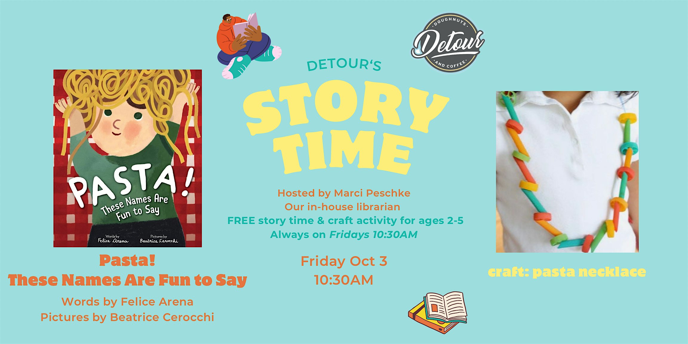 Detour Doughnuts Story Time- Pasta! These Names Are Fun to Say at Detour Doughnuts – Frisco, TX