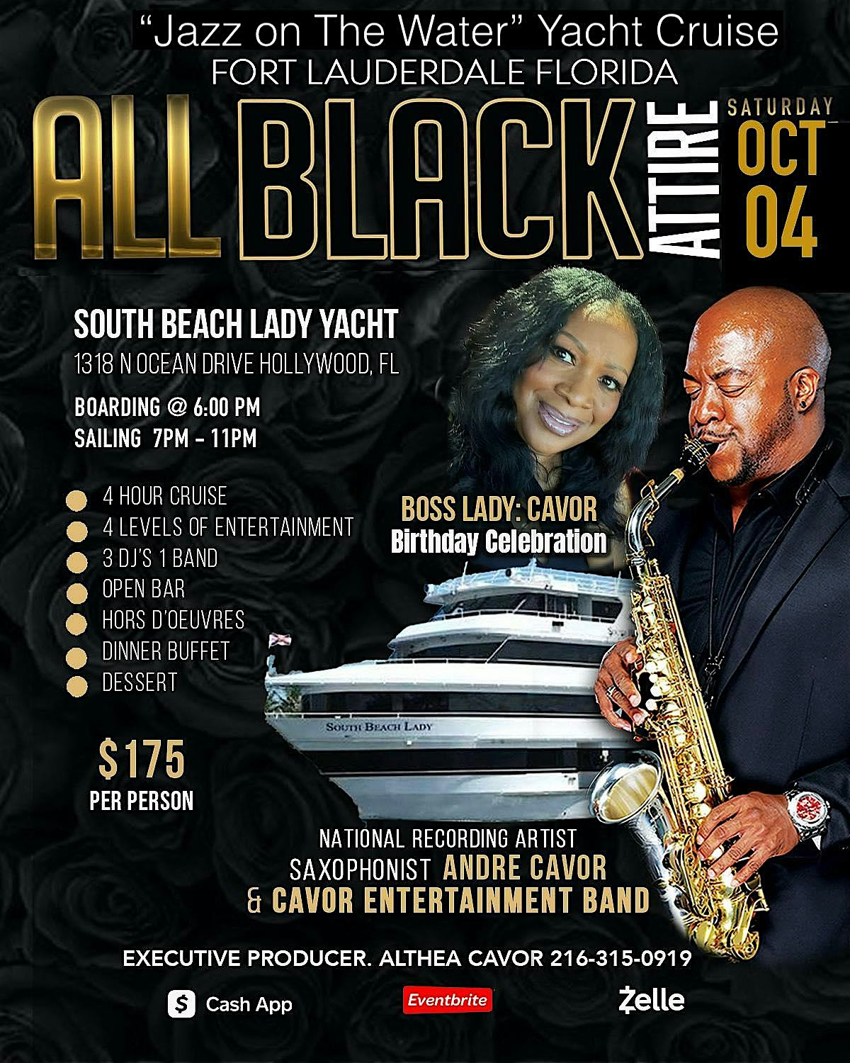 All Black Attire Yacht Party on South Beach Lady with Dinner & Open Bar at South Beach Lady Yacht Charter – Hollywood, FL