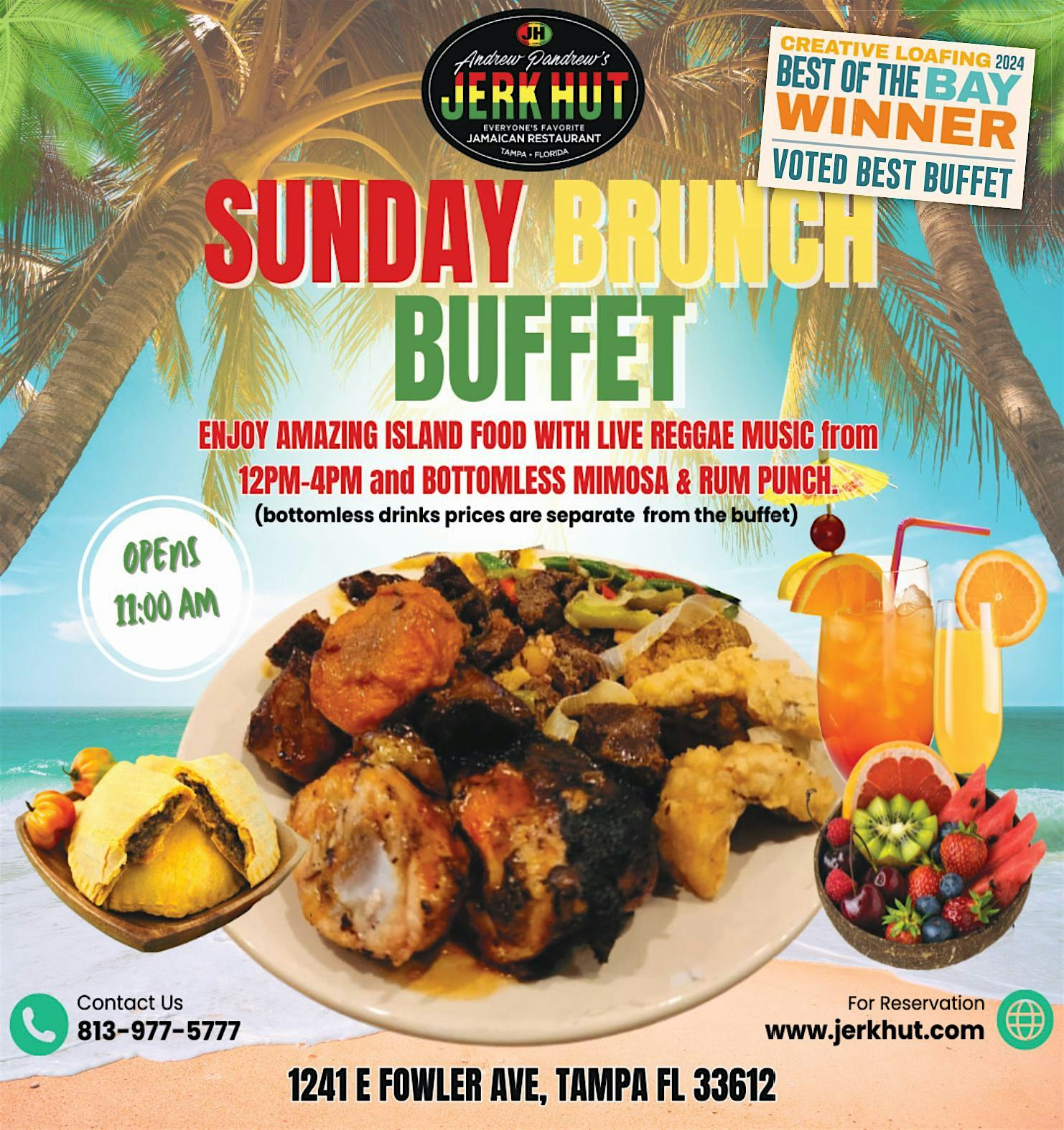 Sunday Brunch – Full Caribbean Buffet with Live Reggae Music at 1241 E Fowler Ave – Tampa, FL
