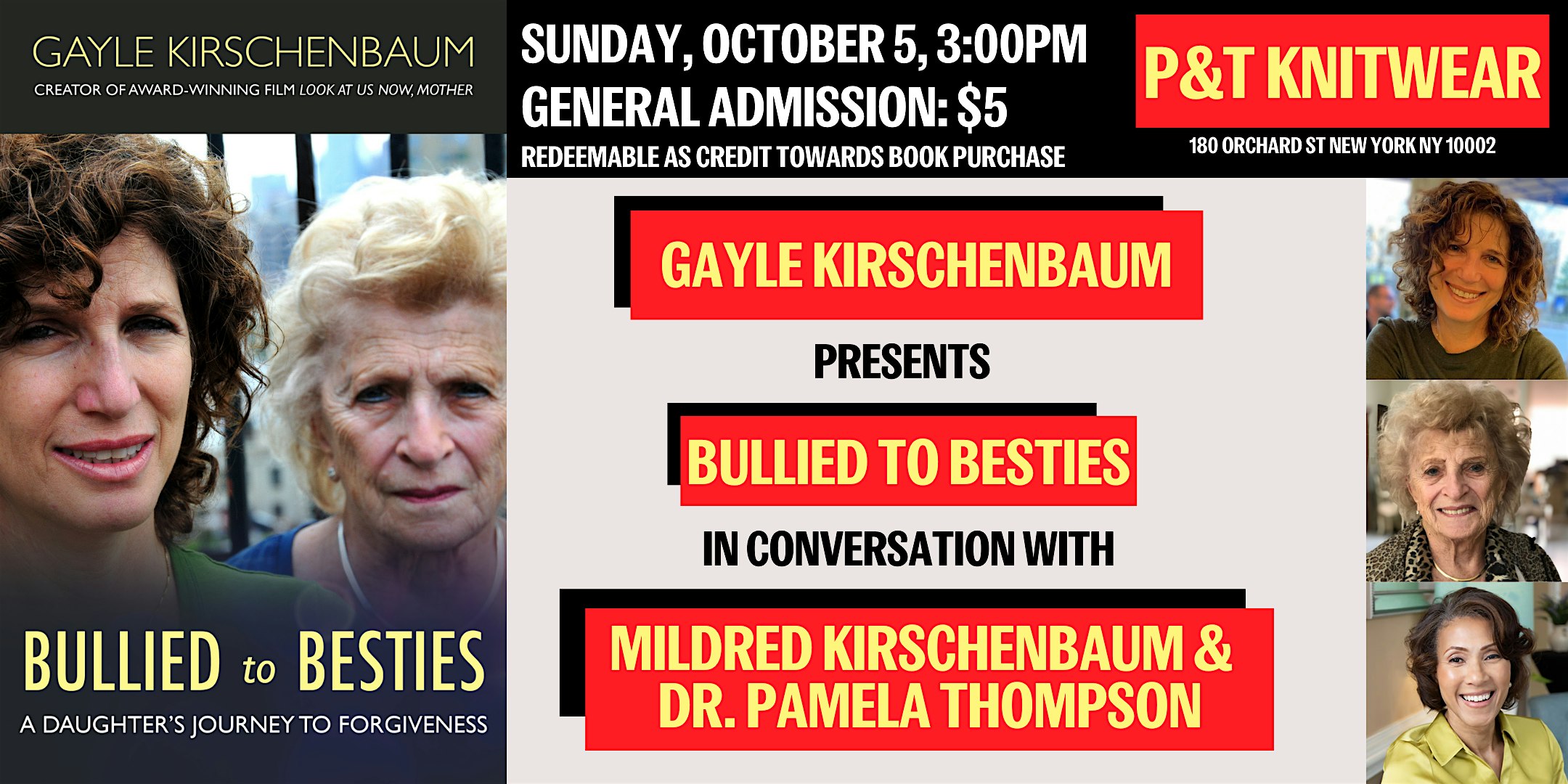 Gayle Kirschenbaum presents Bullied to Besties, ft. Dr. Pamela Thompson at P&T Knitwear Books & Podcasts – New York, NY