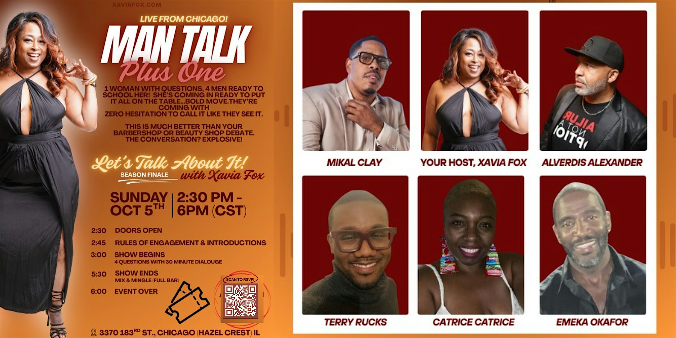 “Let’s Talk About It” w/Xavia Fox! LIVE Audience Experience! ManTalk+1 at 3370 183rd St – Hazel Crest, IL