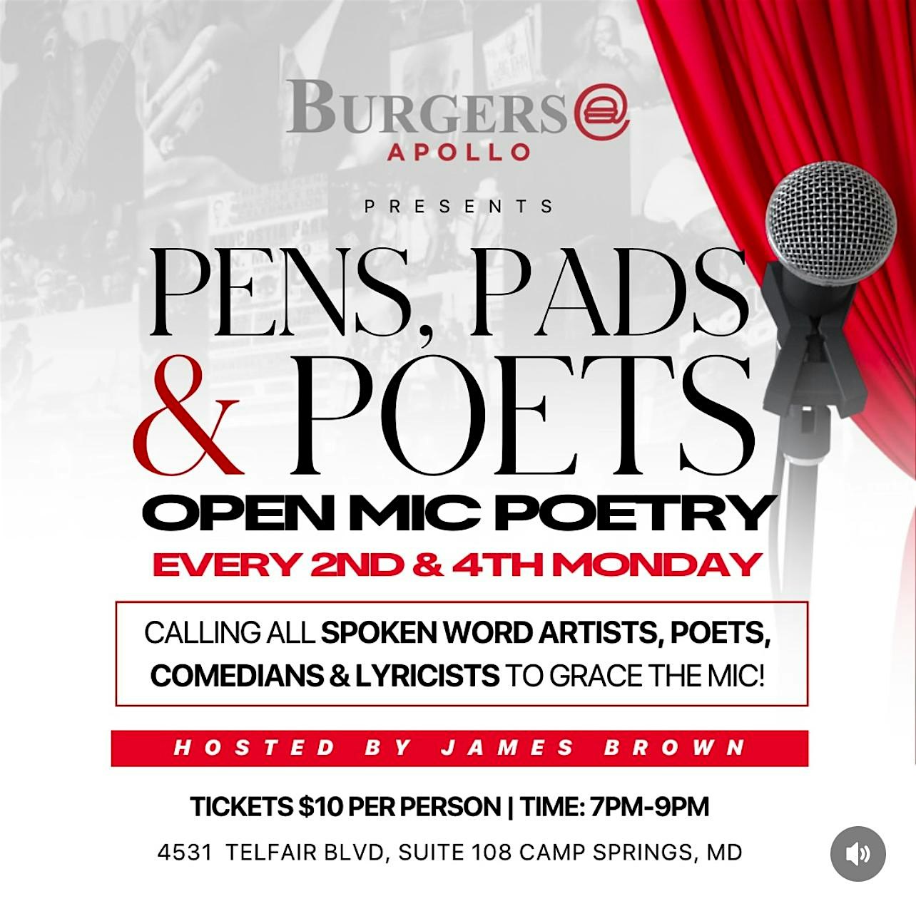 Pens, Pads, & Poets at Burgers@ Apollo – Camp Springs, MD