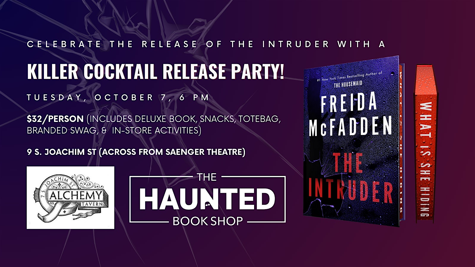 Killer Cocktail Release Party for Freida McFadden’s The Intruder at The Haunted Book Shop – Mobile, AL