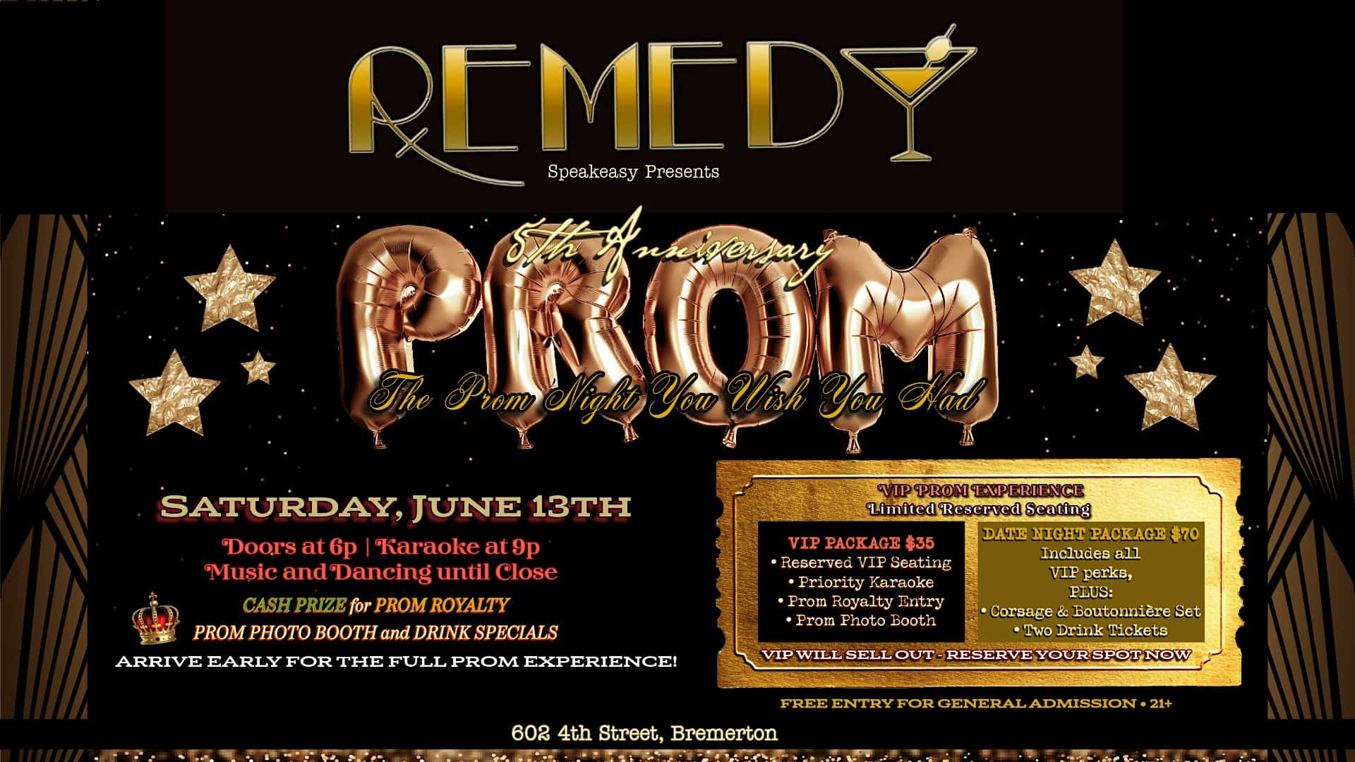 5th Anniversary Prom at Remedy Speakeasy at Remedy Speakeasy – Bremerton, WA