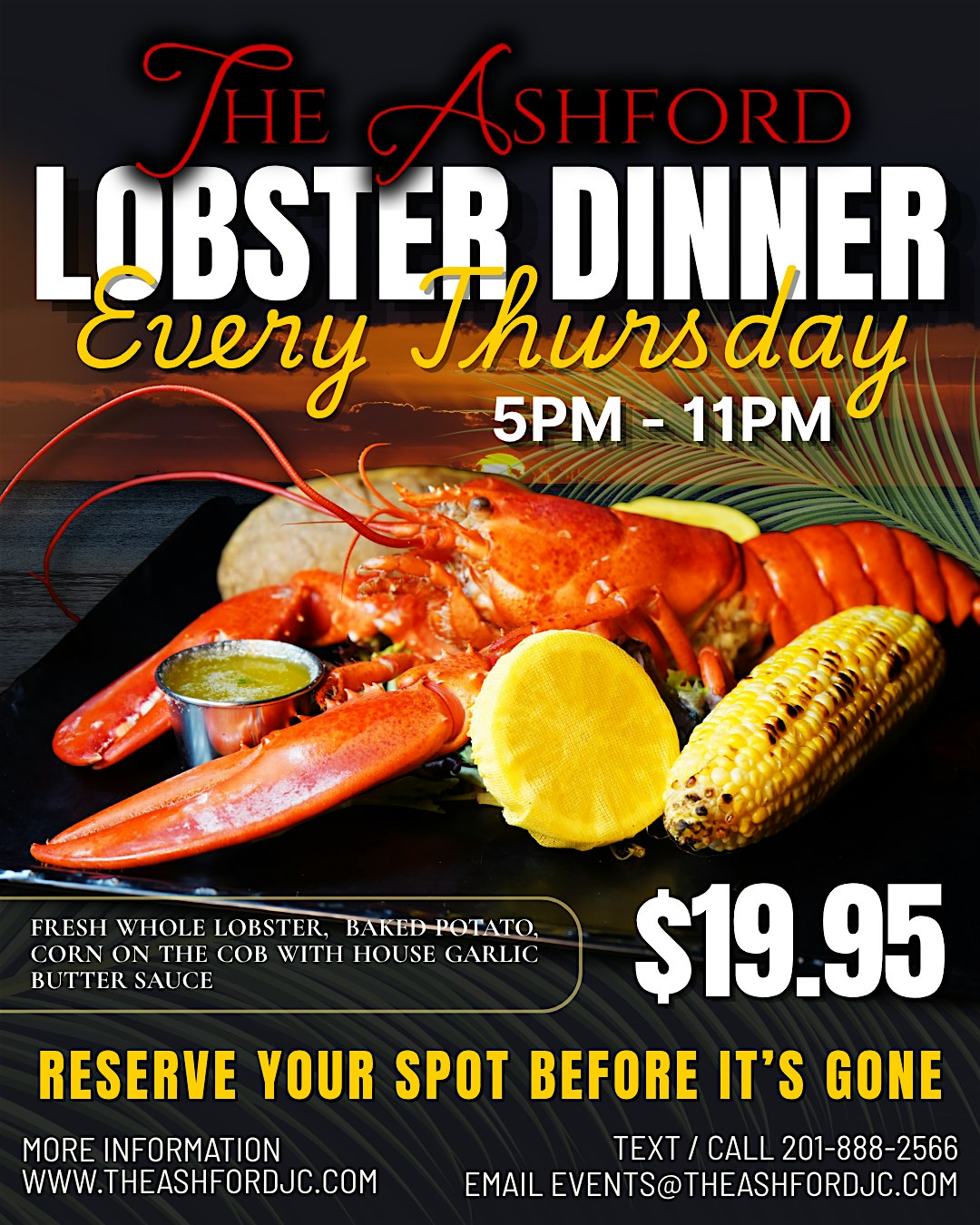$19.95 LOBSTER NIGHT THURSDAYS AT THE ASHFORD | JERSEY CITY DINING at The Ashford – Jersey City, NJ