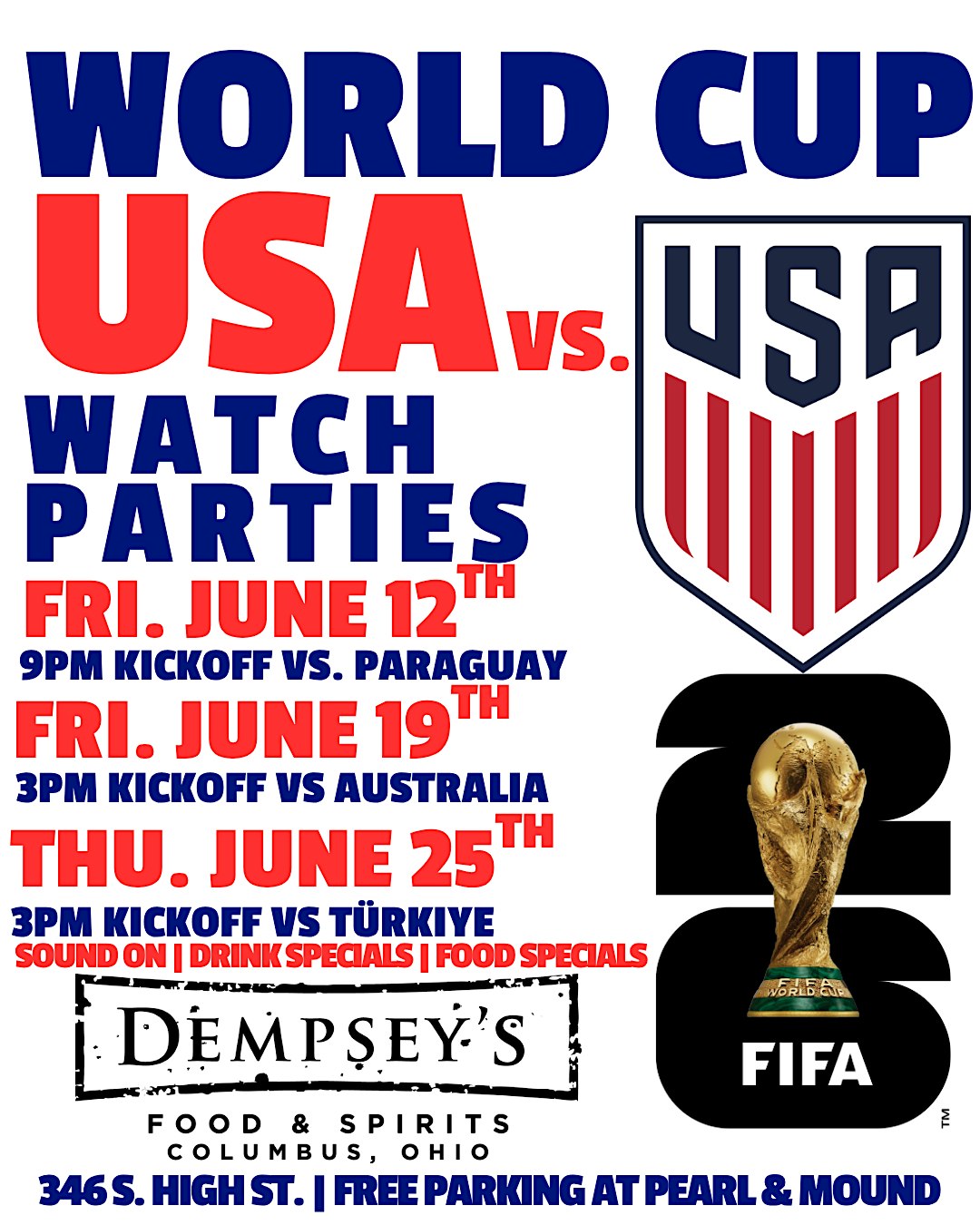 USMNT USA WORLD CUP Watch Party vs Australia @Dempsey’s at Dempsey’s Food & Spirits – Columbus, OH