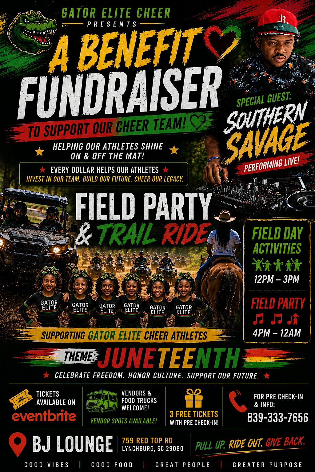 Gator Elite Cheer Present Field Party & Trail Ride at BJ’S Lounge – Lynchburg, SC