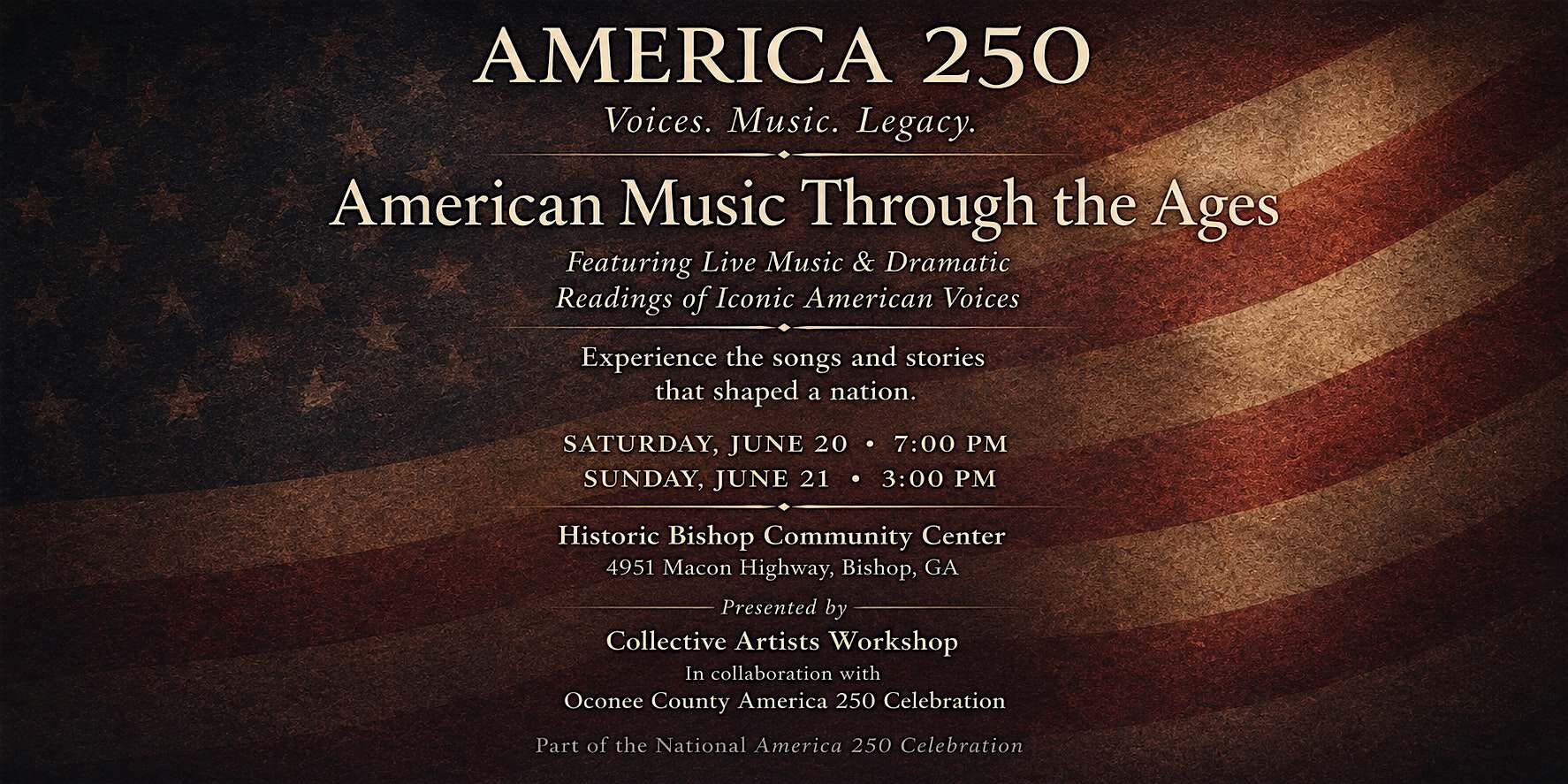 America 250 – American Music Through the Ages at 4951 Macon Hwy – Bishop, GA