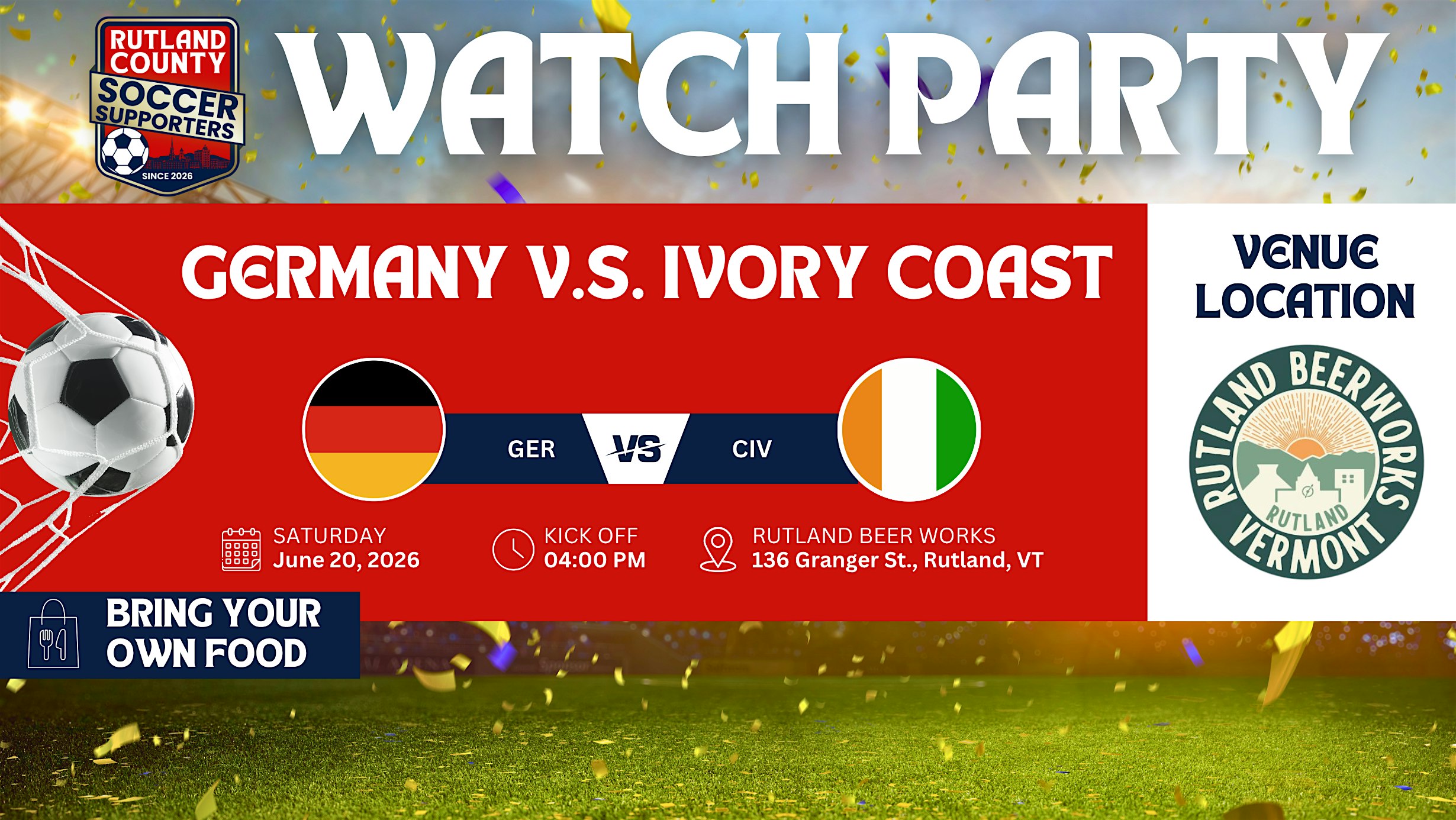Germany V.S. Ivory Coast Global Soccer Watch Party At Rutland Beer Works at Rutland Beer Works – Rutland, VT