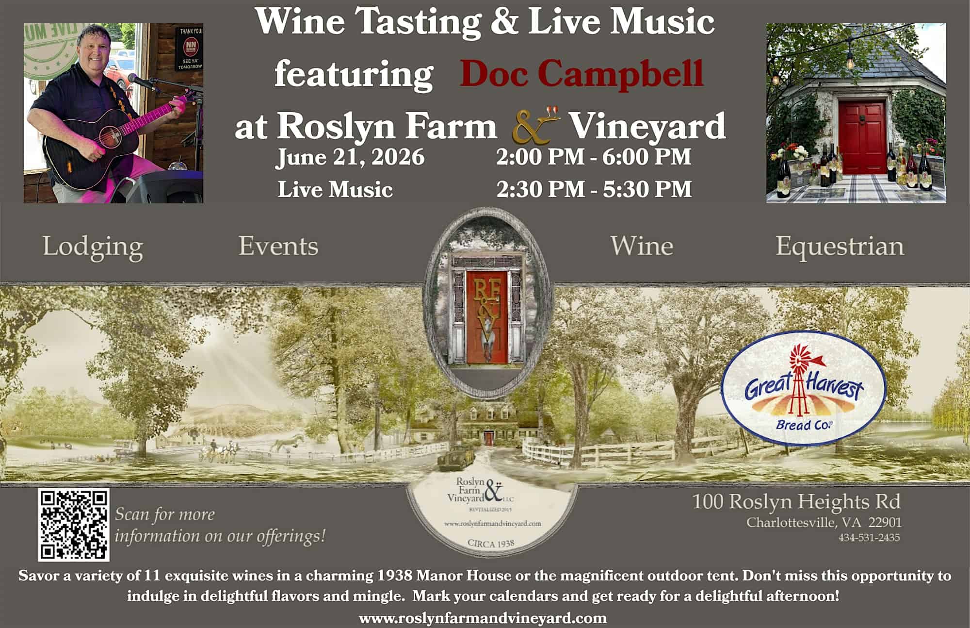 Sunday Wine Tasting at Roslyn Farm featuring Doc Campbell at 100 Roslyn Heights Rd – Charlottesville, VA